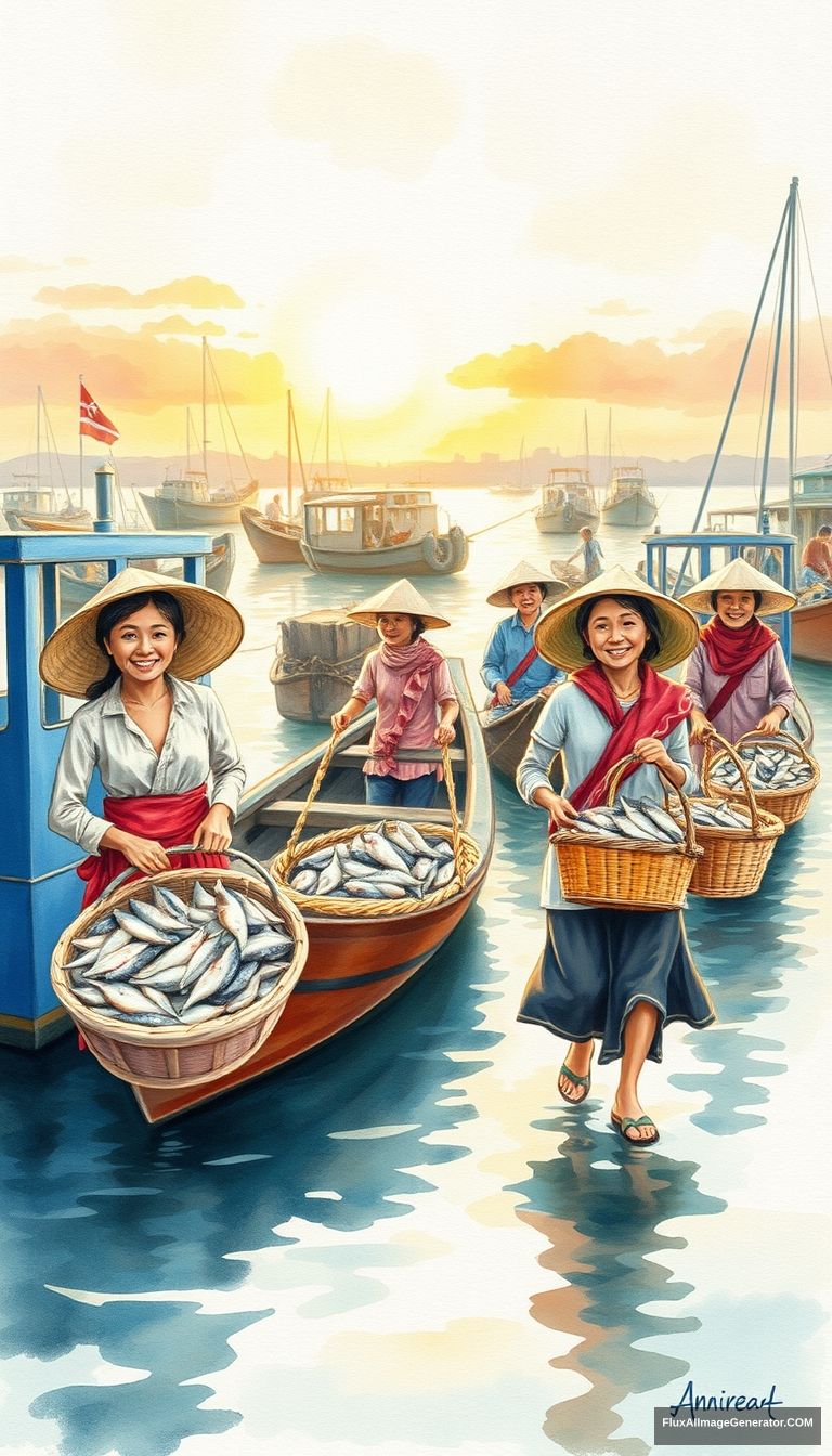 Watercolor painting of fishing boats docking at a harbor at sunrise. Vietnamese farmers, both men and women, are carrying baskets of fresh fish. Everyone has happy, joyful expressions. The scene is illuminated by the warm light of the rising sun.