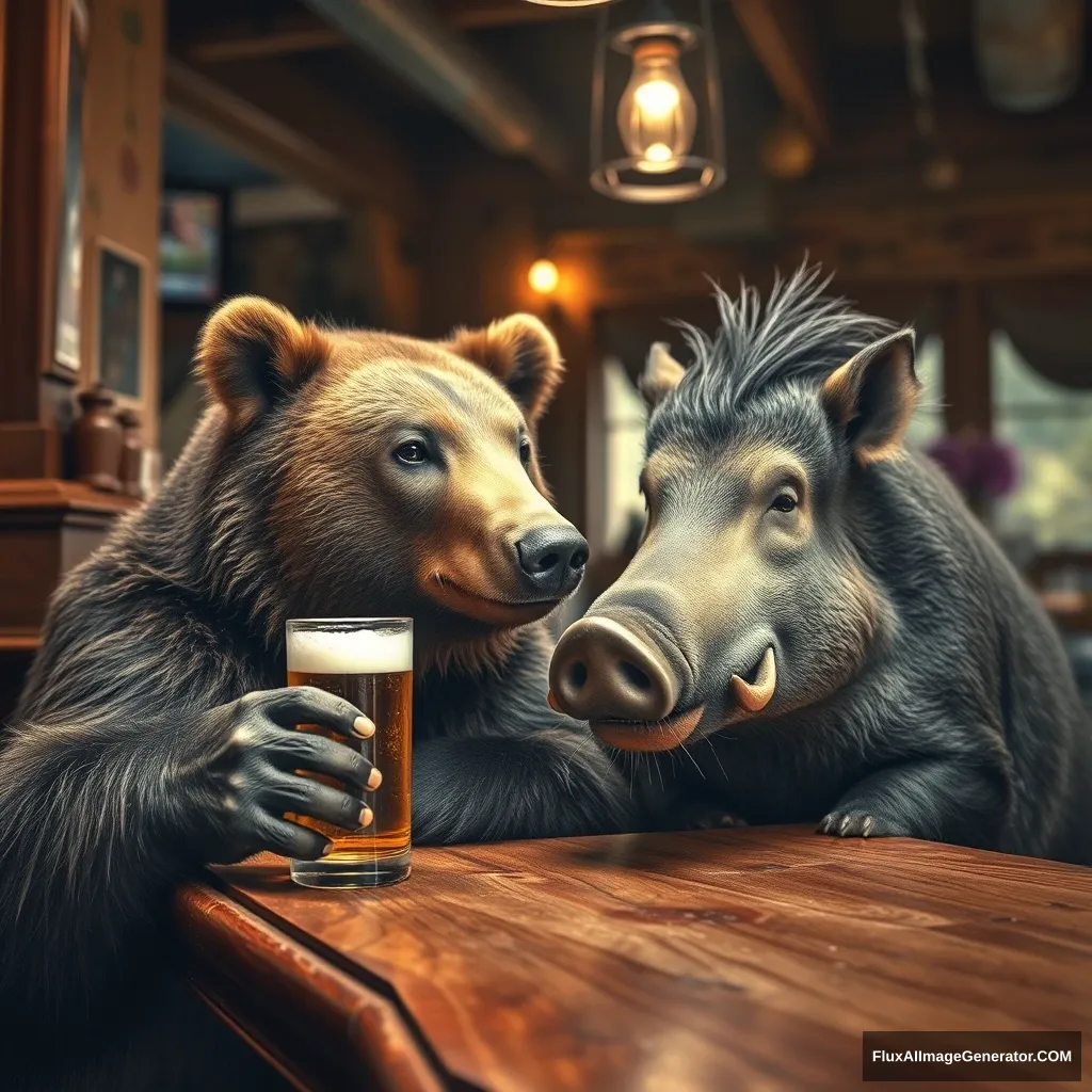 A bear having a beer at a bar with a boar in Bermuda realistic high-res photo live nature. - Image