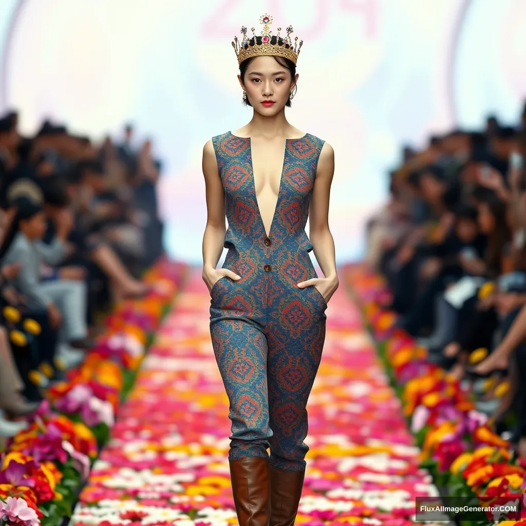 A Korean female fashion model is wearing a jumpsuit styled one-piece (colorful patterned based on blue), jeweled fancy crown, and leather long boots. The front of the top is open, set against a colorful flower runway with a defocused background crowd. - Image