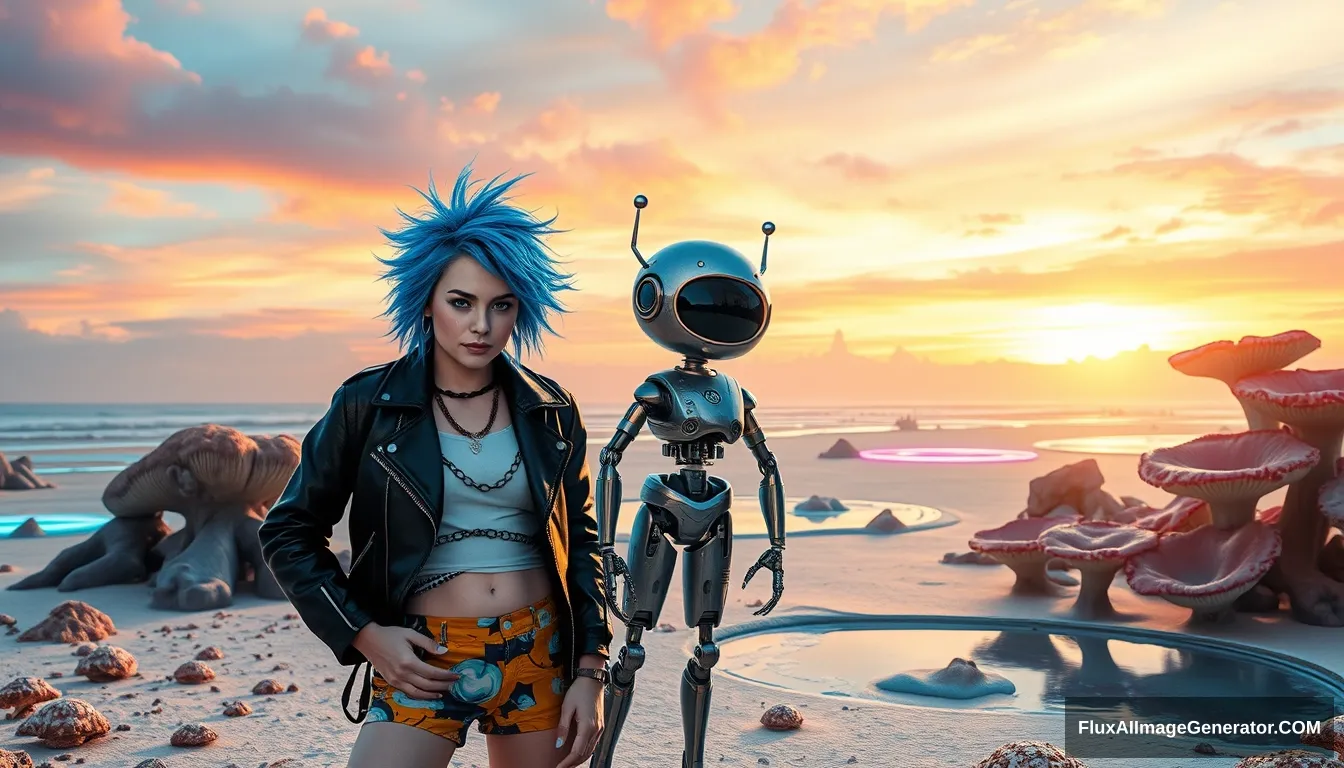 A striking, high-contrast scene showcases a punk girl with electric blue spiky hair and a leather jacket, alongside a very cute hunk retro-futuristic robot in Hawaiian shorts, set against a surreal alien beach with iridescent fungi and shimmering lakes under a vibrant sky. - Image