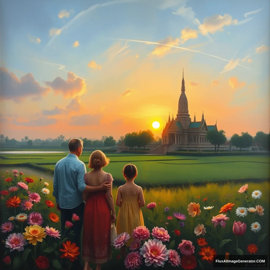 An oil painting in the style of Rubens with Wat Arun, a family, flowers, sunrise.