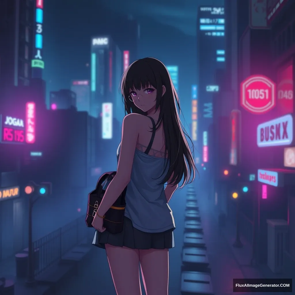 CYBERPUNK BACKGROUND, NIGHT, HD, DETAILED, GIRL STANDING ALONE - Image