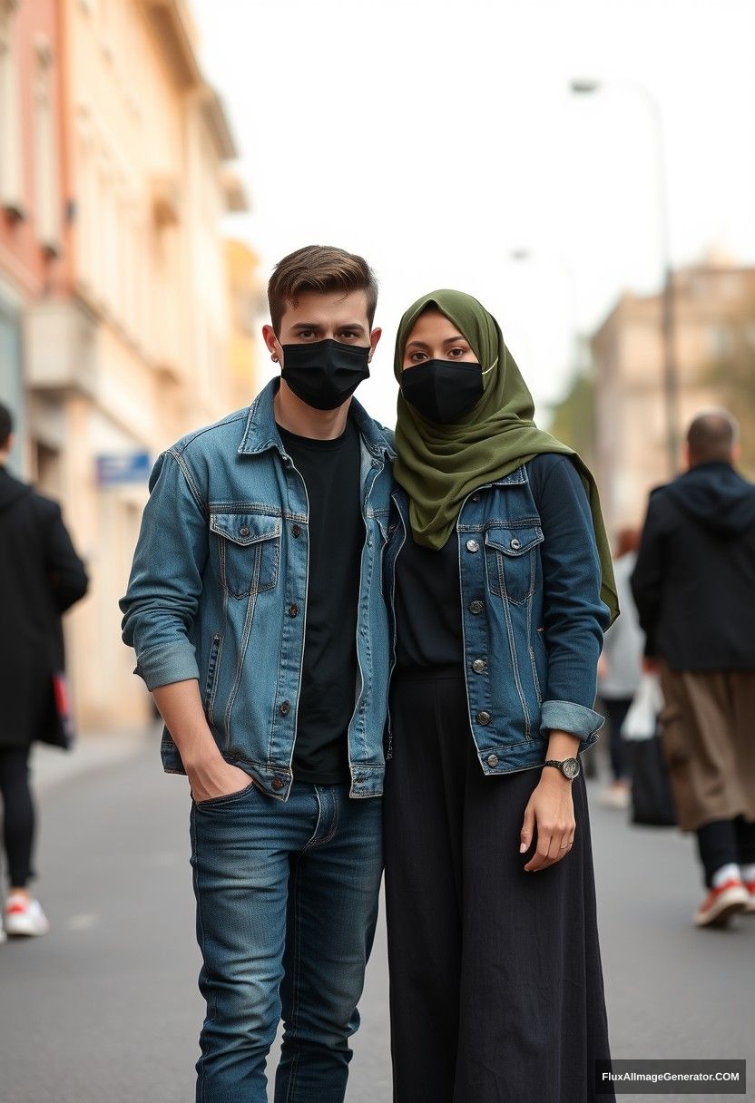 Jamie Dornan, young, black face mask, black T-shirt, a collage jacket, jeans, red sneakers, dating romance with a beautiful Muslim girl in an army green hijab, beautiful eyes, black face mask, denim jacket, longest skirt, not tall girl, photorealistic, street photography, full photography. - Image