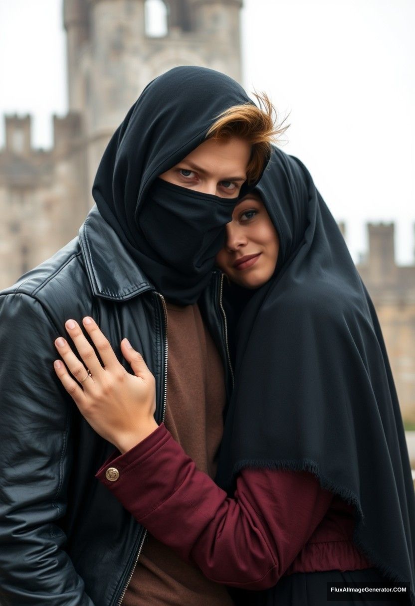 Jamie Dornan's head and body shot, handsome, face mask black, black leather jacket, dating, love hug with the biggest black hijab Muslim girl, not tall, beautiful eyes, face mask, maroon leather jacket, biggest black skirt, hyper realistic, studio photography, full body photo, explore at abandoned castle. - Image