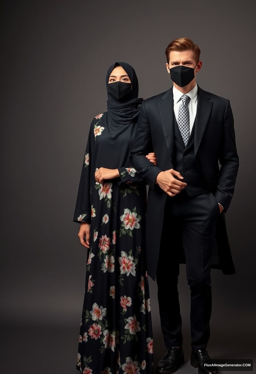 A biggest black hijab girl, slim girl, beautiful eyes, face mask black, biggest floral longest dress, standing holding his arm

Jamie Dornan, youngest, black suit coat, white shirt, grey patterned tie, black leather sneakers, tall man, face mask black, fit tough body, standing near her,

hyper realistic, studio photography. - Image