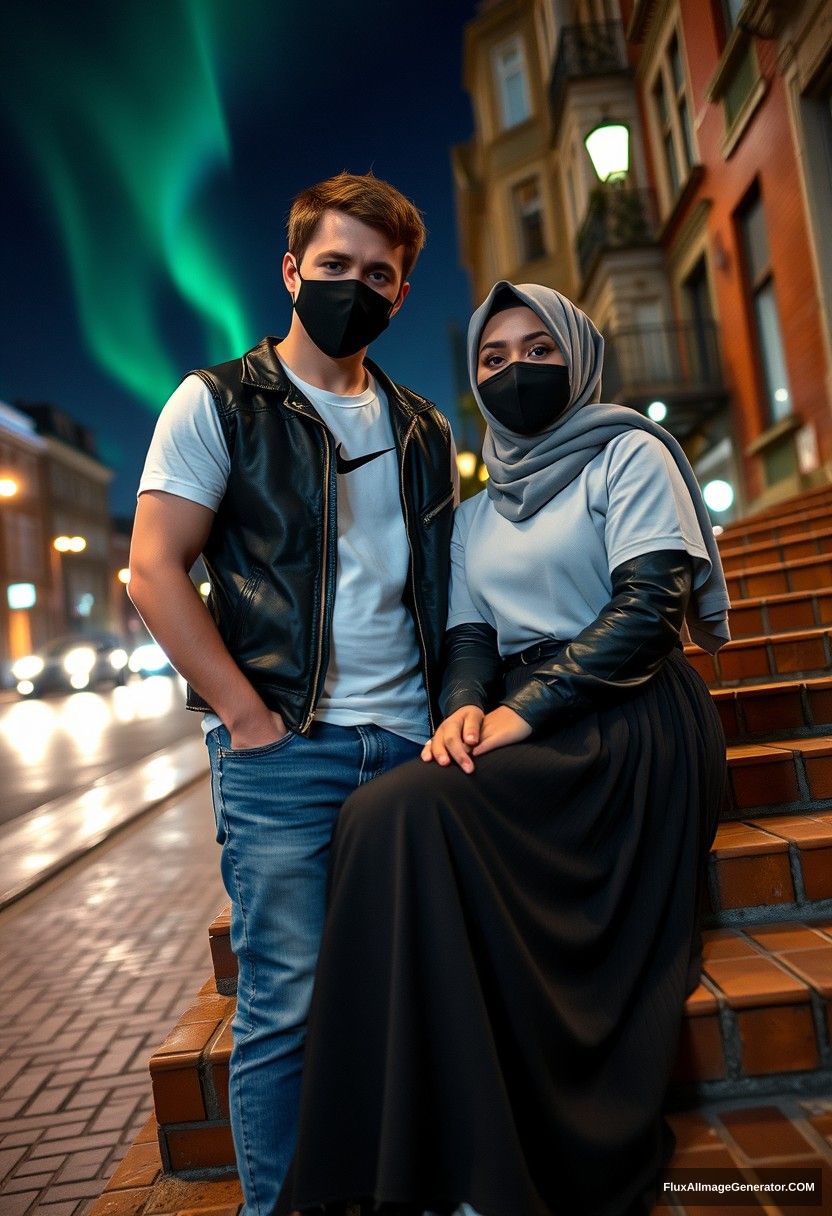 Jamie Dornan, tall, young, black face mask, white Nike t-shirt, jeans, 

dating in a romantic setting with a gray hijab-wearing Muslim girl, beautiful eyes, black face mask, leather jacket, very long and oversized skirt, not a tall girl, 

sitting on brick stairs in town, photorealistic, street photography, selfie photos, night scenery, aurora borealis.