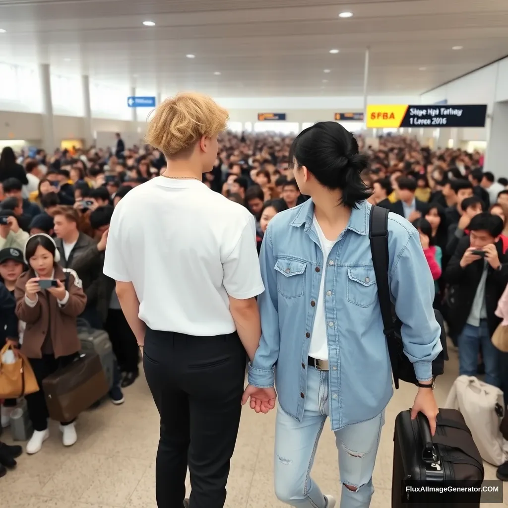 A man with curled, blonde, ear-length hair and a man with low pony-tailed black hair are holding each other's hands in front of a huge crowd of fans at the airport. Both are styled like K-pop idols, with the blonde man being slightly taller than the black-haired man. - Image