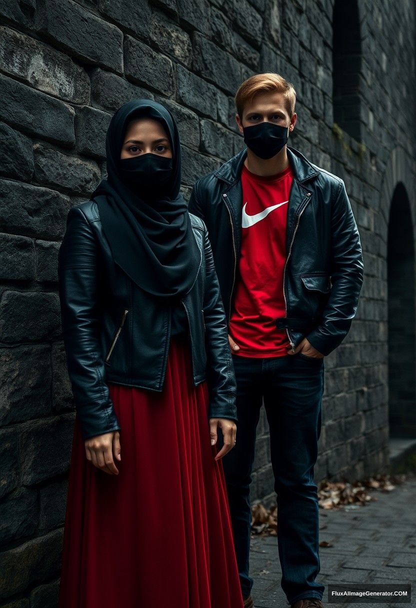 A biggest black hijab girl, beautiful eyes, face mask black, black leather jacket, biggest red longest dress, not tall,

Jamie Dornan, handsome, face mask black, fit and tough body, Nike red t-shirt, black leather jacket, jeans, tall man,

standing near wall together,
Hyper-realistic, photorealistic, street photography, Victoria's abandoned castle, gloomy, darkness. - Image