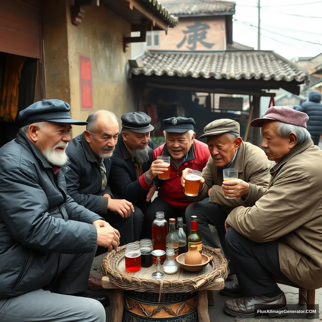 Chinese men in their 50s gather to drink together in the middle of China.