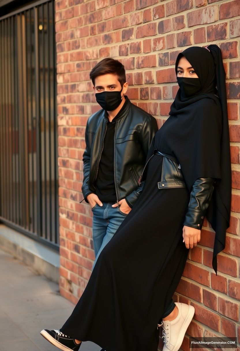 Jamie Dornan, handsome, young, black face mask, collage jacket, jeans, dating a beautiful Muslim girl in a big black hijab with beautiful eyes, black face mask, black leather jacket, sneakers, wearing the longest skirt, standing and lying against a brick wall, town, morning scenery, photorealistic, street photography.