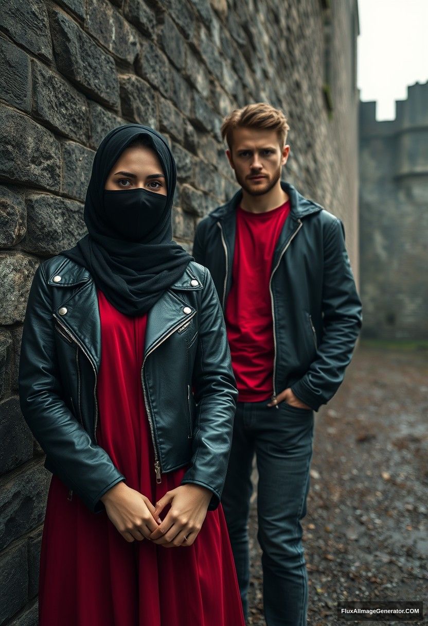 A biggest black hijab girl, beautiful eyes, face mask black, black leather jacket, biggest red longest dress, not tall,

Jamie Dornan, handsome, face mask black, fit and tough body, metal red t-shirt, black leather jacket, jeans, tall man,

standing near wall together,
Hyper realistic, photorealistic, street photography, Victoria's abandoned castle, gloomy, darkness.