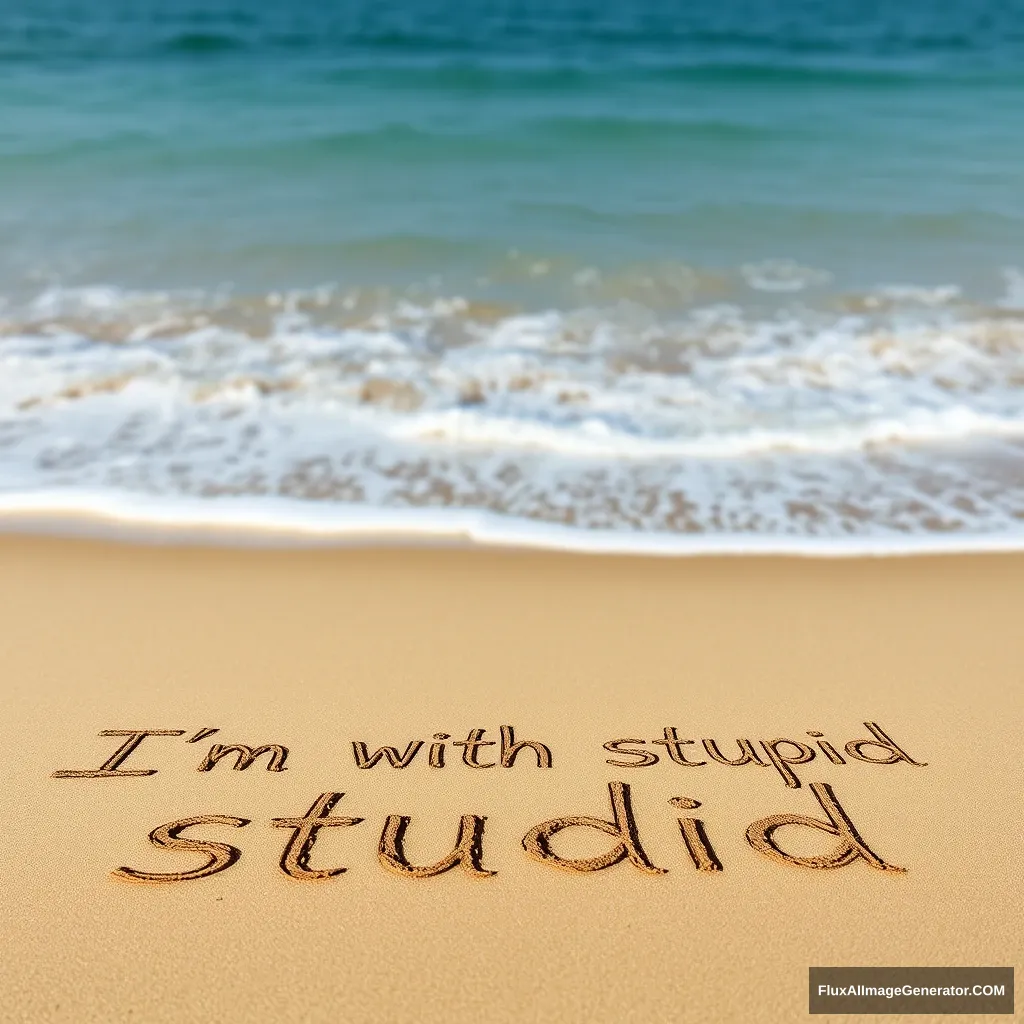 A beach, with "I'm with stupid" written in the sand, ocean in the background.