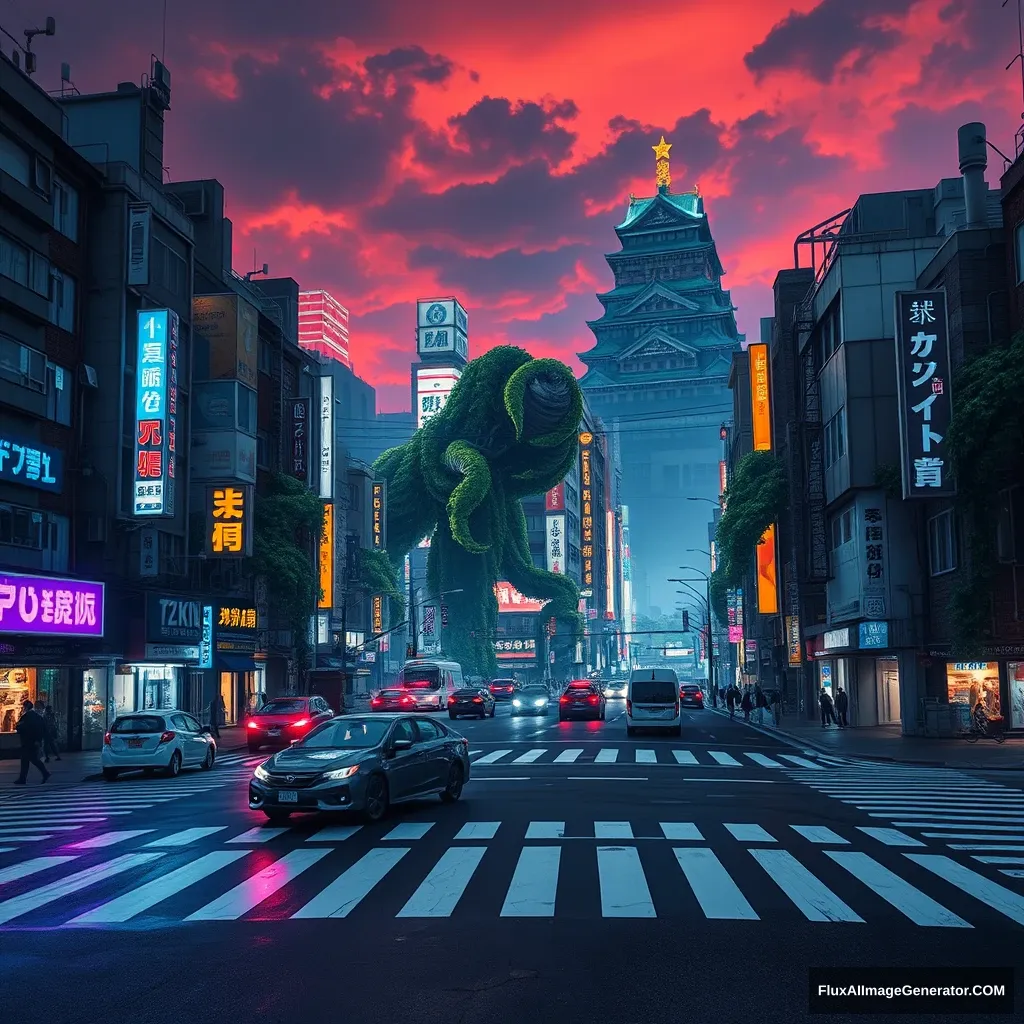 A cyberpunk style video game concept painting, wide-angle view of Tokyo city, Shibuya Scramble Crossing, buildings corrupted by giant vines, night scene, crosswalk line, abandoned vehicles, blue and purple neon lights, Japanese Edo Castle, sky dyed red. - Image