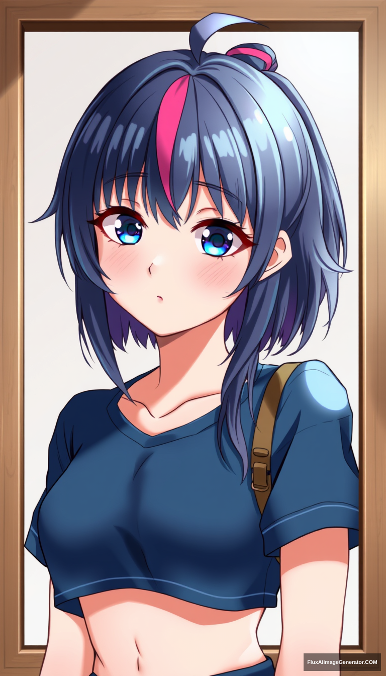 A teenage girl has captivated many with her striking appearance. Wearing a dark blue hue with vibrant highlights, the anime style is important. Chest up drawing. Framed background.