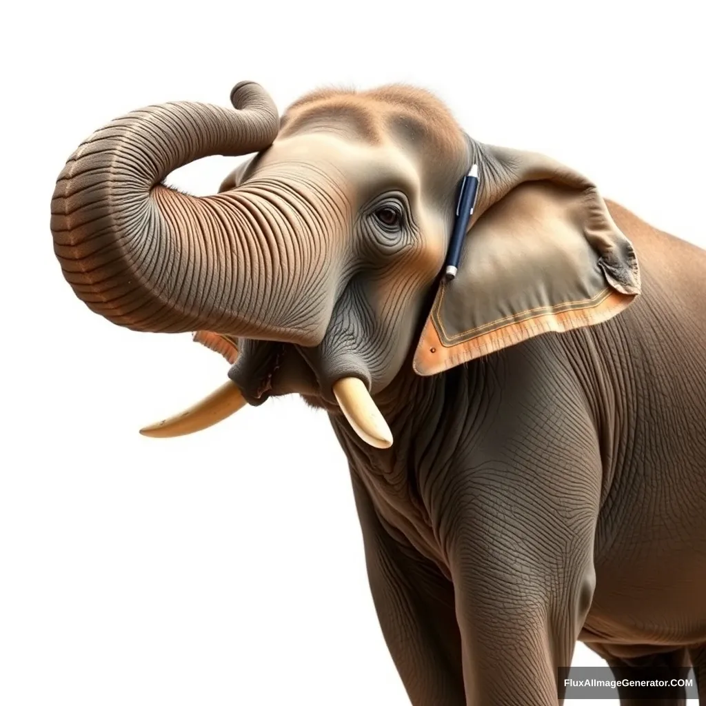 Create a realistic photo: An Asian elephant stands in front of a white background and holds a pen with its trunk.