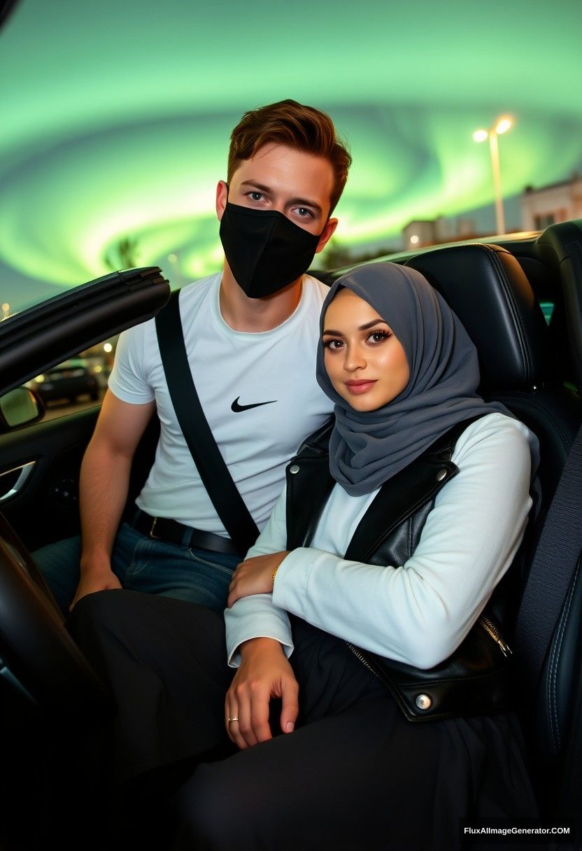 Jamie Dornan, tall, young, wearing a black face mask, white Nike t-shirt, and jeans, is dating a beautiful Muslim girl in a grey hijab with beautiful eyes. She is also wearing a black face mask and a leather jacket, with a very long and large skirt, and she is not tall. They are sitting in a sports car in town, in a photorealistic setting with selfie photos, at night, under the aurora borealis.