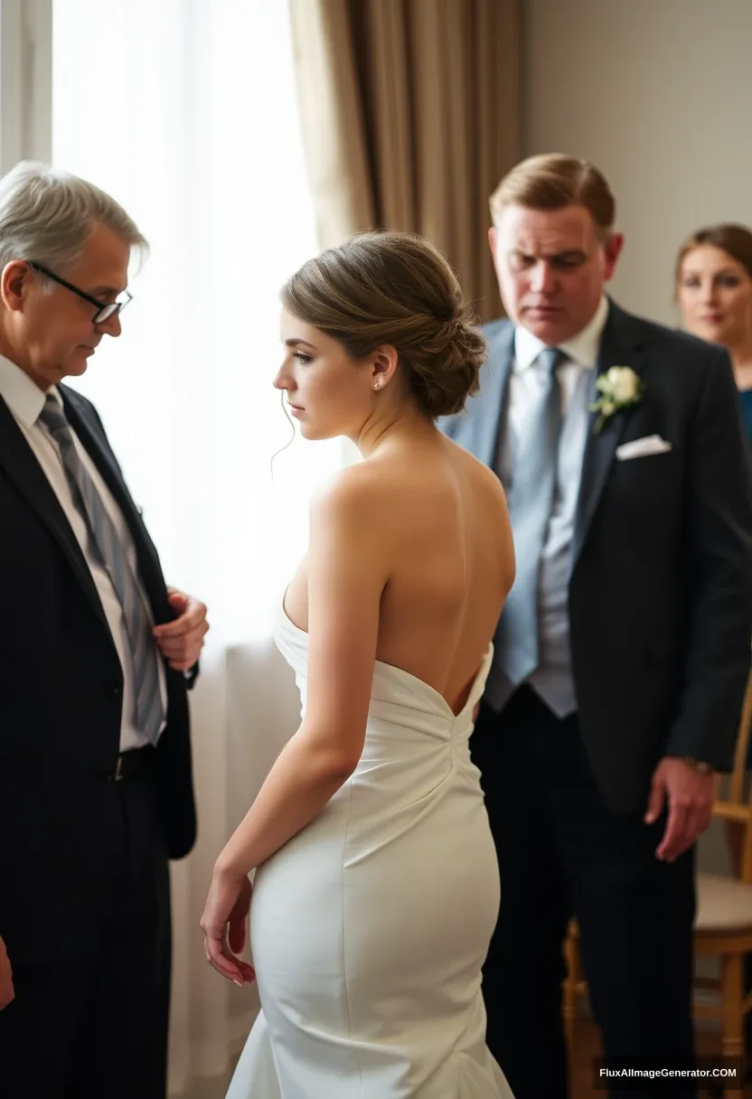 A short young woman, sensitive and delicate, wearing a backless, strapless, side-less, low-waisted contouring wedding dress with a loose front and an open rear. Mingling submissively with fathers. Expectations. Perfect posture. Pale skin. - Image