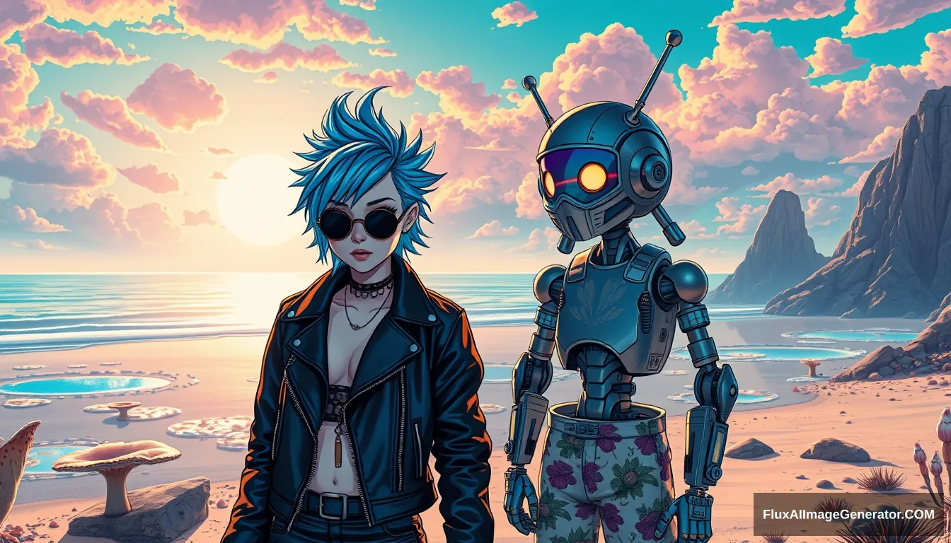 A striking, high-contrast realistic scene showcases a punk girl with electric blue spiky hair and a leather jacket, alongside a very cute hunk retro-futuristic robot in Hawaiian shorts, set against a surreal alien beach with iridescent fungi and shimmering lakes under a vibrant sky. In the Style of Moebius, Ray tracing. - Image