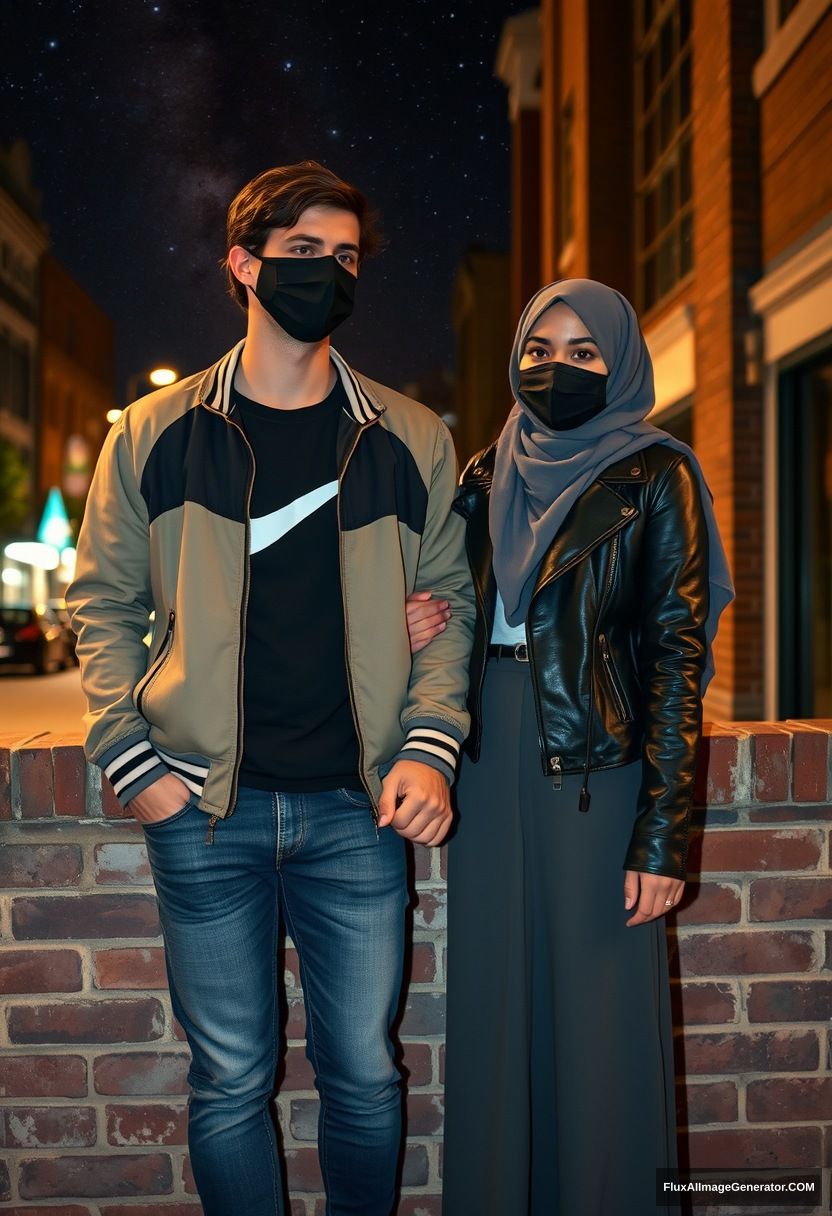 Jamie Dornan, youngest, black face mask, collage jacket, Nike t-shirt, jeans, tall man, fit body,

Dating, love with the biggest gray hijab Muslim girl, beautiful eyes, black face mask, leather jacket, biggest longest skirt, slim short girl, holding his arm

standing at a brick wall, in town, night scenery, Milky Way, hyper-realistic, photorealistic, street photography.