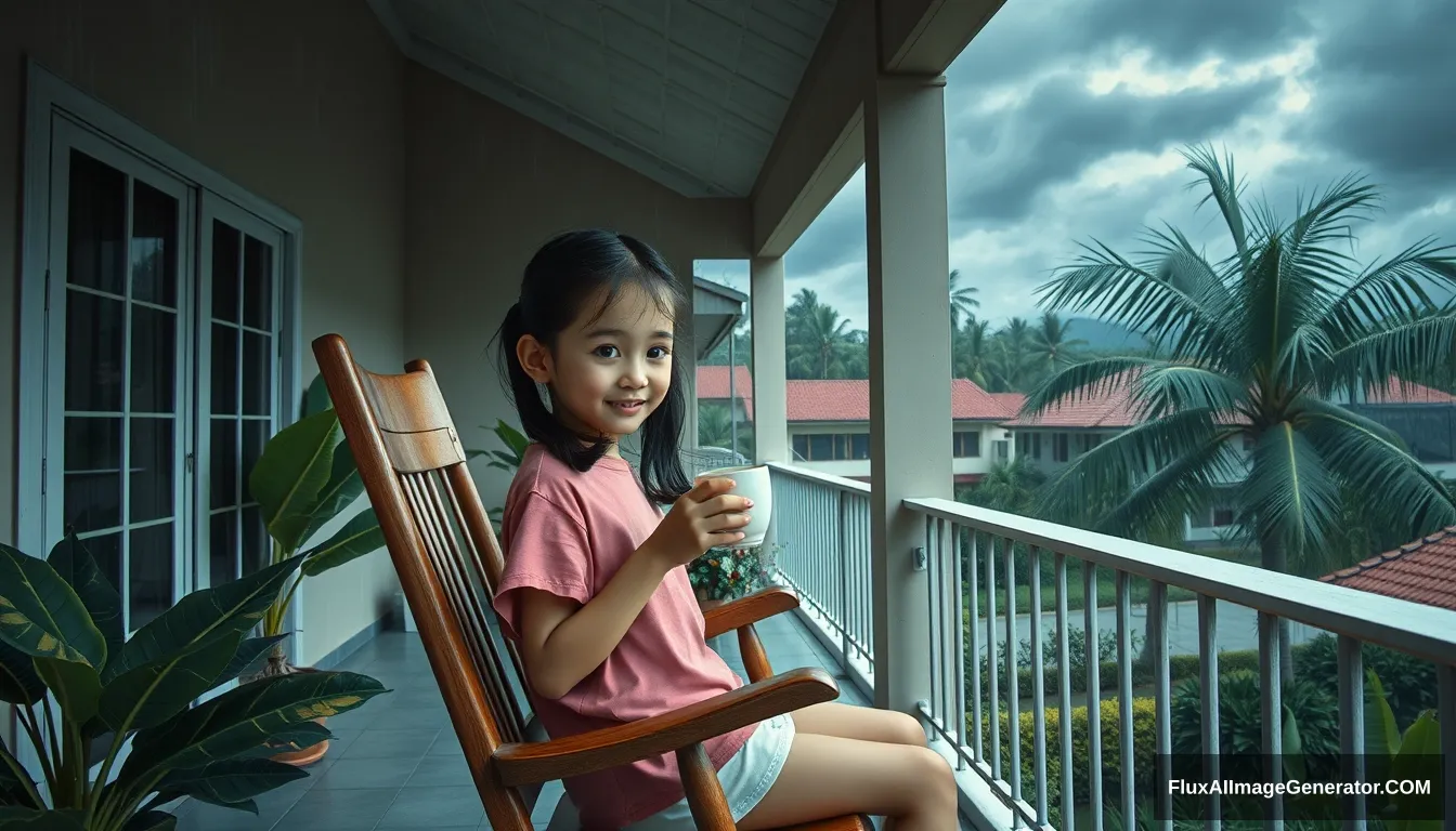 The style of Hirohiko Araki Kubrick, a 10-year-old Thai handsome girl, with ponytails, wearing a pink t-shirt, sitting on a rocking chair, sipping hot coffee, chilling on the balcony of a house in Chonburi, enjoying the morning atmosphere with dark blue clouds, cool wind in front of the house, with a garden, banana trees, coconut trees, heavy rain atmosphere, Oil painting, sharp 3d, 40k, pastel color. - Image