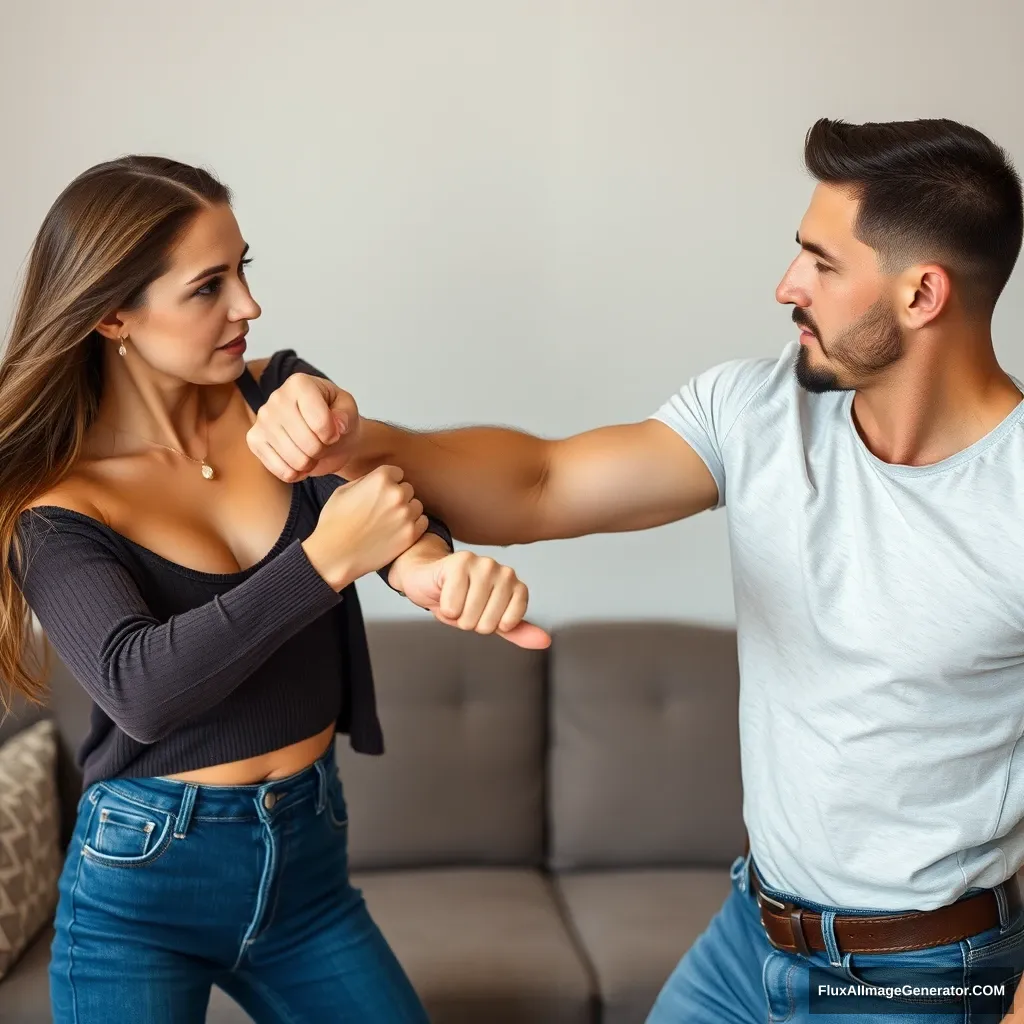 A pretty small delicate and slim lady is fighting her big muscular boyfriend in a casual fight. She is in control and has him completely immobilized, blocking his arms by gripping them in her feminine but strong fists; he looks worried.