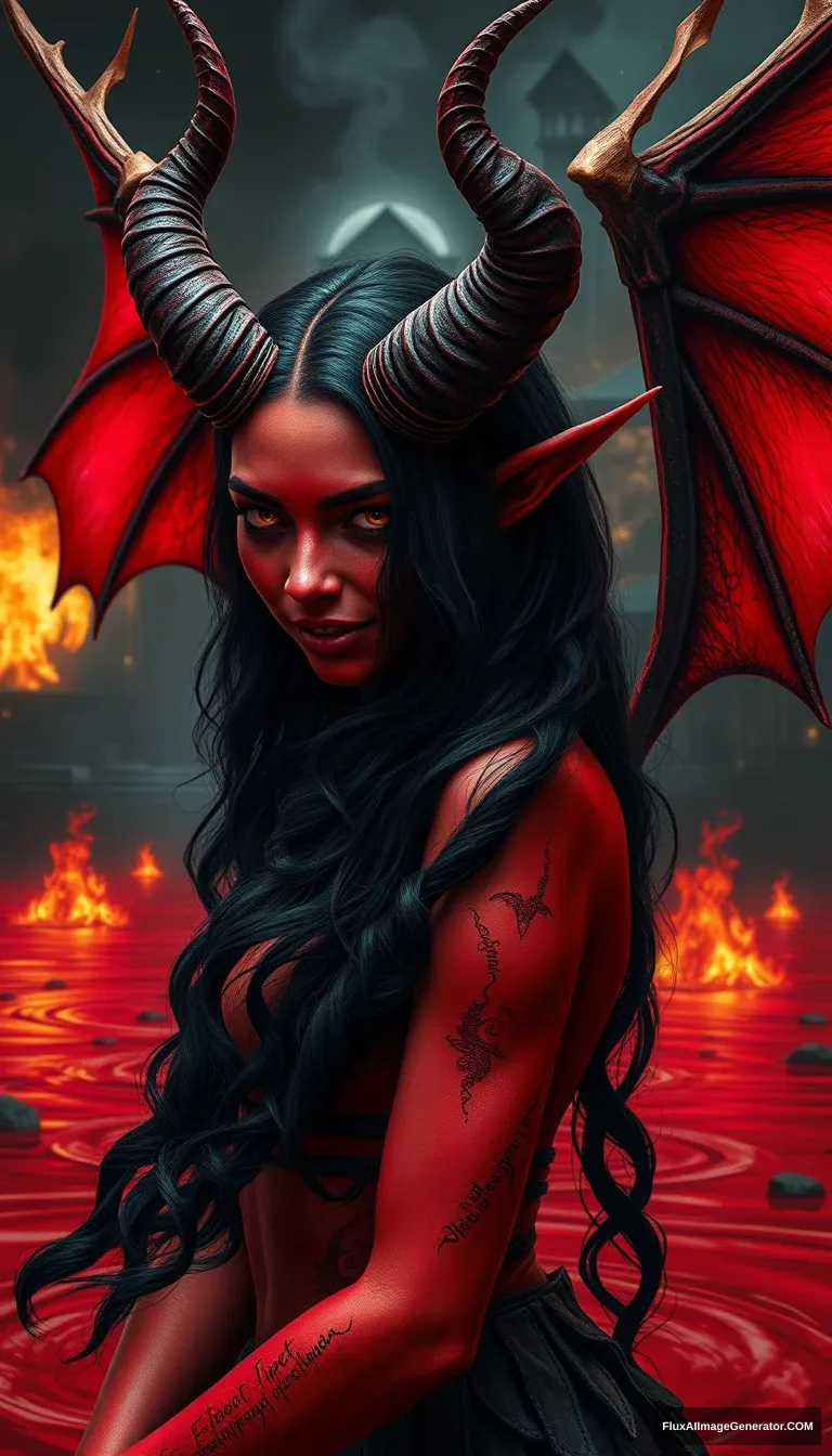 realistic red-skinned demon girl, long black wavy hair, twisted horns, demon girl, evil smirk, drawing, red water, demon wings in the background, the background of a burning house, a lot of small details, hyper detail, acceleration, speed, dark exposure, the highest quality, the highest detail, ambient lighting, intricate, exquisite details and textures, sharp focus, high resolution, detailed eyes, 8k uhd, nikon d850, high quality, film grain, hyper realistic skin (detailed skin:1.3) dynamic poses.