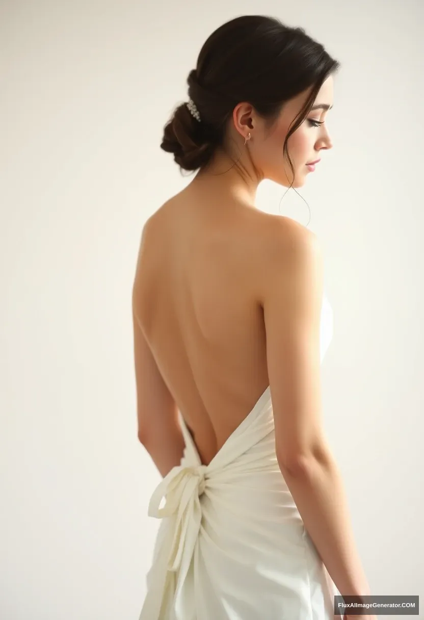 A short young woman, sensitive, delicate, backless strapless side-less low-waisted contouring wedding dress with a loose front and an undone rear. Submitting before the council of fathers. Expectations. Perfect posture. Pale skin. - Image