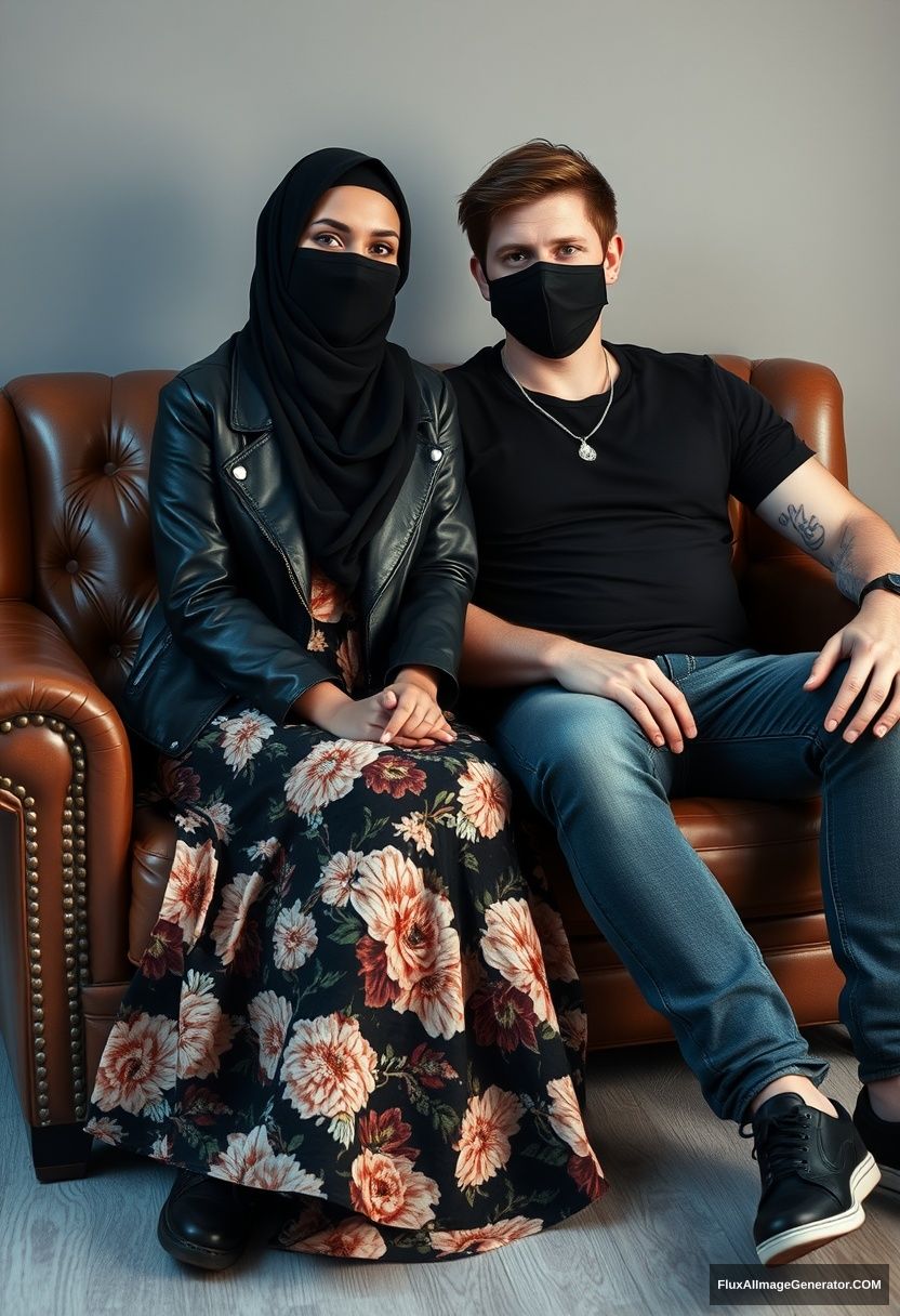 A black hijab girl, slim girl, beautiful eyes, face mask black, black leather jacket, biggest floral long dress, black leather sneaker, sitting on a leather single wing sofa, Jamie Dornan, youngest, silver necklace, black T-shirt, jeans, black leather sneaker, tall man, face mask black, fit body, sitting near her, hyper-realistic, studio photography.