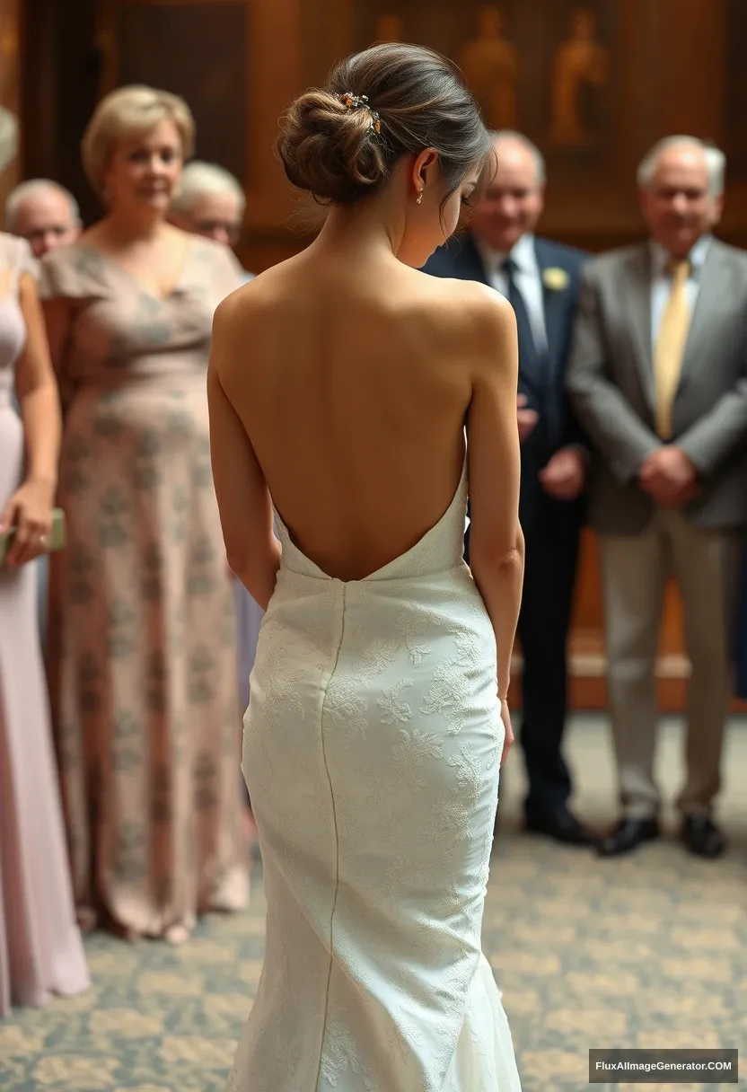 A short young woman, sensitive, delicate, ashamed, wearing a backless, strapless, side-less, low-waisted, open-back contouring wedding dress that seems like it's going to come undone, in front of elder patriarchy, expectations. - Image