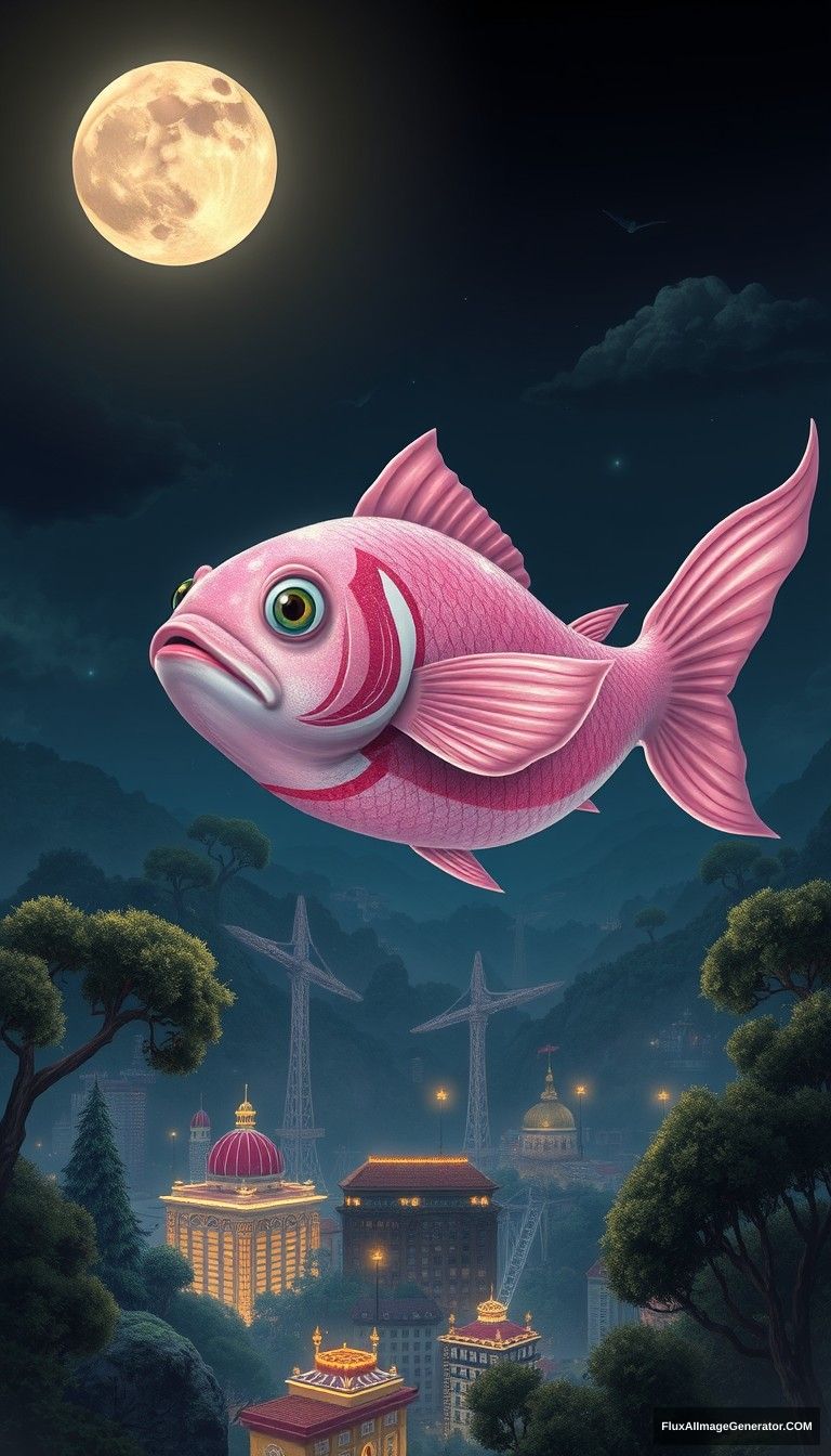 1. **Main Character**: The main character is an enormous, surreal pink fish, its body glistening under the moonlight. Its features are exaggerated, with large, expressive eyes and finely detailed scales that shimmer in various shades of pink and white. The fish’s face exhibits a serene yet curious expression, adding to its whimsical nature.

2. **Action**: The fish hovers above a lush landscape, seemingly floating in the night sky. Its mouth is slightly open, as if it’s about to speak or sing, while its fins are gracefully extended. The angle of its body suggests both majesty and a gentle presence, as it gazes down toward the city below.

3. **Attire**: While the fish doesn’t wear clothing, its natural coloration serves as its attire. The vibrant pink contrasts beautifully with the surrounding dark greens of the trees and the deep blue of the night sky, creating an eye-catching visual narrative.

4. **Surroundings**: Below the fish lies a bustling city illuminated by warm, golden lights. The buildings are varied in height and design, with some resembling traditional architecture. Small boats are docked along the waterfront, their silhouettes adding depth to the scene. Lush trees surround the city, framing the landscape and enhancing the dreamlike quality.

5. **Background**: The background features a starry night sky, with a full moon casting a soft glow across the scene. The trees create a dense canopy, their deep greens contrasting with the illuminated cityscape below. This creates a harmonious blend of nature and urban life, enveloped in twilight.

6. **Art Style**: The art style is fantastical and hyper-realistic, employing vibrant colors and intricate details. The smooth textures of the fish and the bright, warm tones of the city lights evoke a sense of wonder, while the blend of realism and fantasy draws the viewer into a dreamlike world.

7. **Ambience**: The ambience is magical and serene, filled with a sense of wonder and tranquility. The gentle glow of the city lights against the dark backdrop creates a cozy atmosphere, inviting contemplation. The scene feels alive with possibility, merging nature and the surreal in a harmonious tableau.