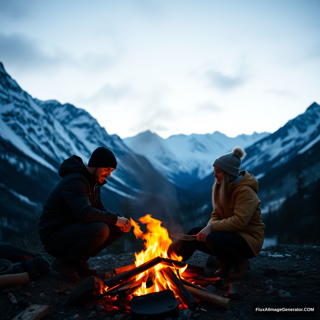 mountains, cold winter, camping, grilling on fire. add couple in below image