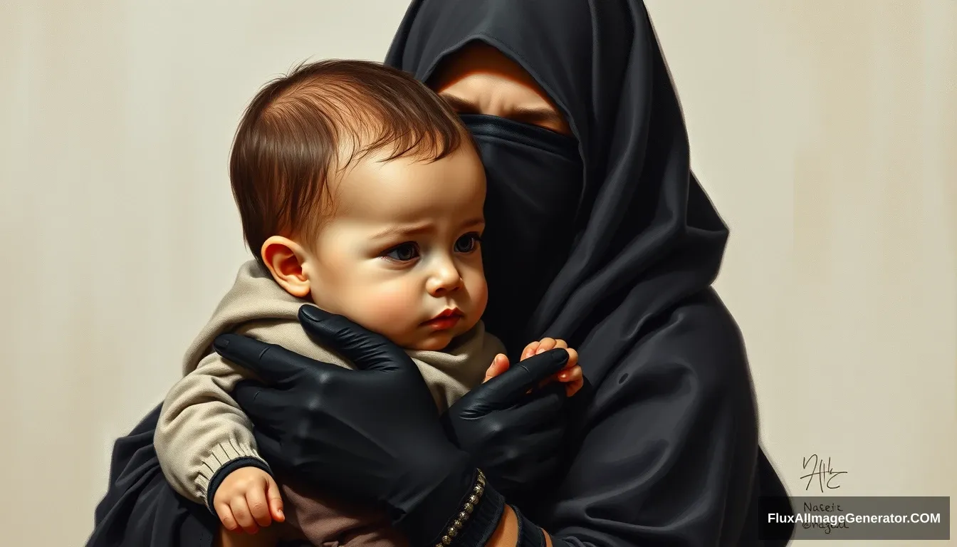 A pious woman is holding a baby boy. Wearing black gloves and a niqab, Maryam is a very devout woman, dressed in a black sarong with her neck covered by a perfect hijab. Realistic, full body, oil painting.