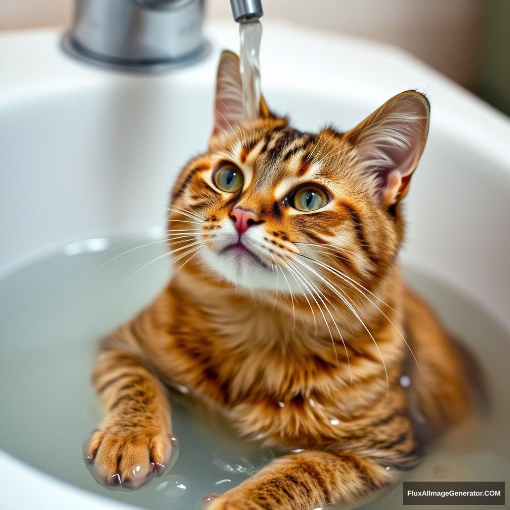 A cat taking a bath.