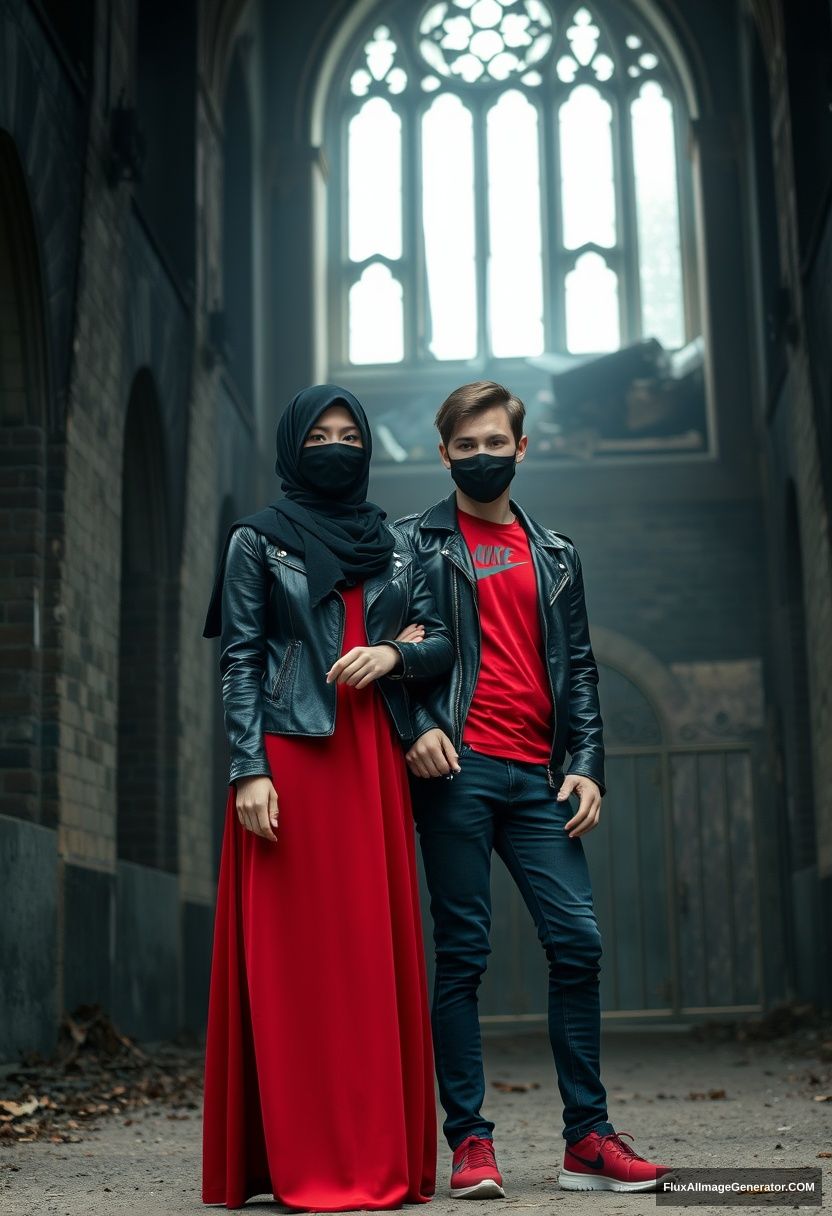 A biggest black hijab girl, beautiful eyes, black face mask, black leather jacket, biggest red longest dress, not tall, standing near him and in love, holding his arm,

Jamie Dornan, handsome, youngest, black face mask, fit and tough body, Nike red t-shirt, black leather jacket, jeans, red sneakers, tall man, standing near her.

Hyper realistic, photorealistic, studio photography, Victoria's abandoned castle, gloomy.