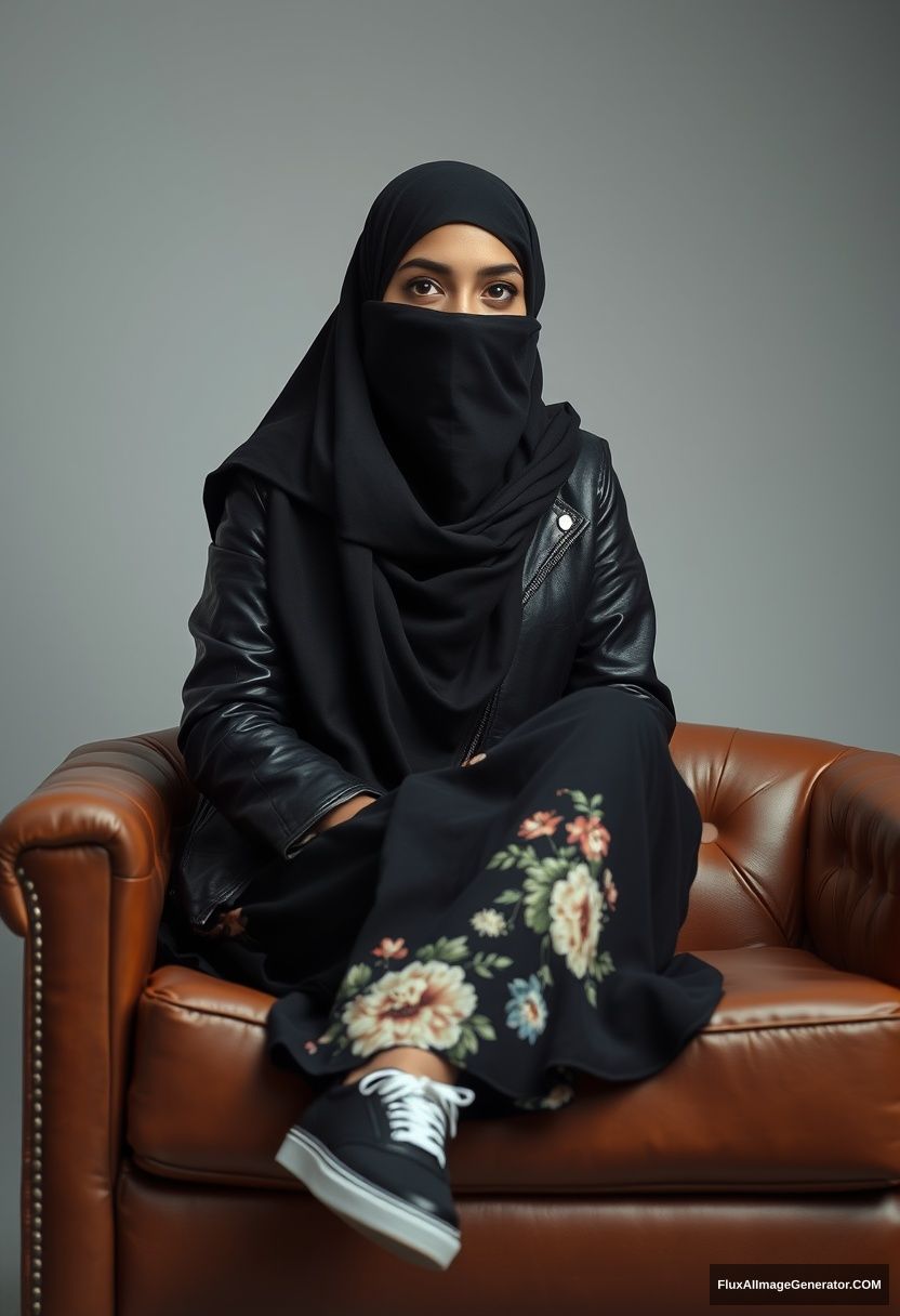 A biggest black hijab girl, burqa, beautiful eyes, black leather jacket, biggest floral long dress, black leather sneaker, sitting on leather single sofa, hyper realistic, studio photography.