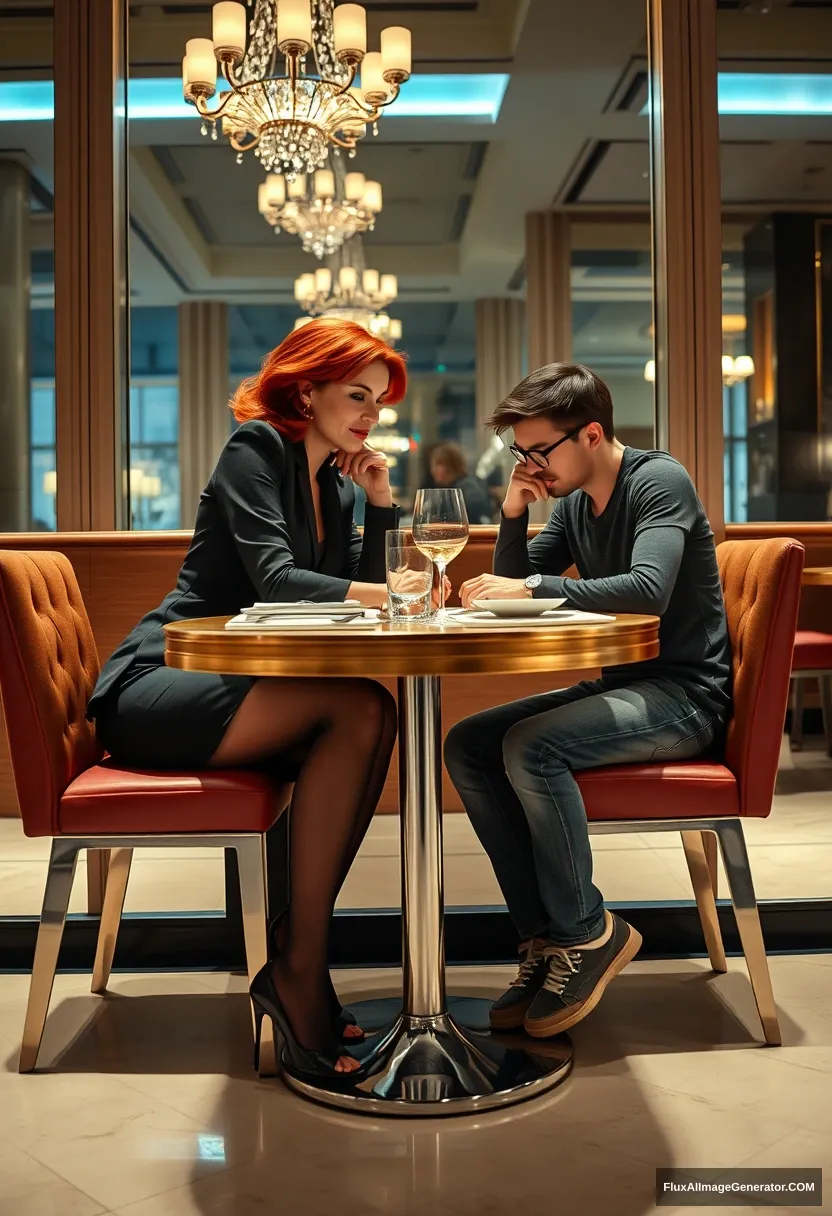 Cinematic Style. A woman and a man are sitting at a table in a fancy elegant restaurant, having lunch. The woman is in her mid-30s, has red hair, mouth closed, wearing business attire, tight skirt with a lateral slit, black pantyhose, open toe high heels. She looks at the man with superiority. The man is a 20-year-old shy skinny man, with glasses, wearing jeans, a T-shirt and tennis shoes. Shot from the side, from a distance of at least 5 meters, so all their figures are shown. The woman is looking at the man. The table has one leg, in the middle, metallic. The woman and the man are sitting on opposite sides, facing each other. The man is looking down at the table. The woman is looking at the man. | Cinematic | worm eye view.