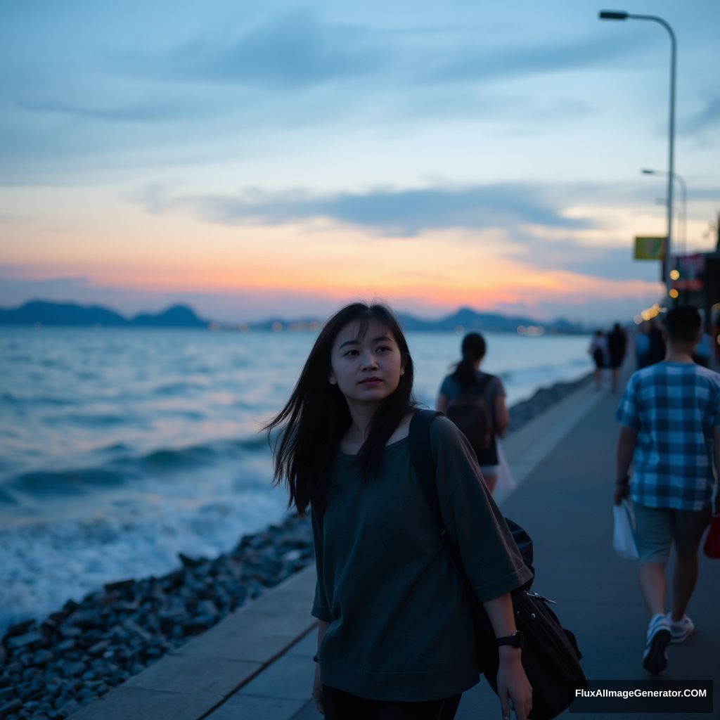 A female student walking by the seaside, beach, dusk, Chinese people, street, girl.