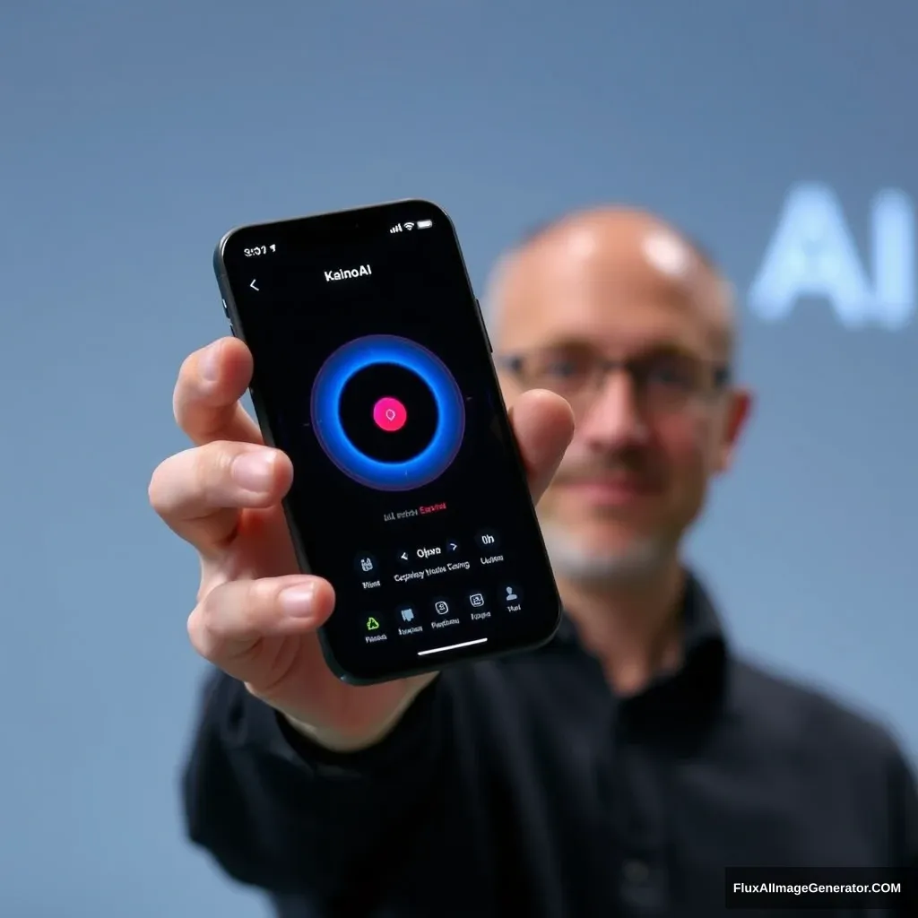 OpenAI CEO holds a phone and the phone screen shows the KainoAI app.