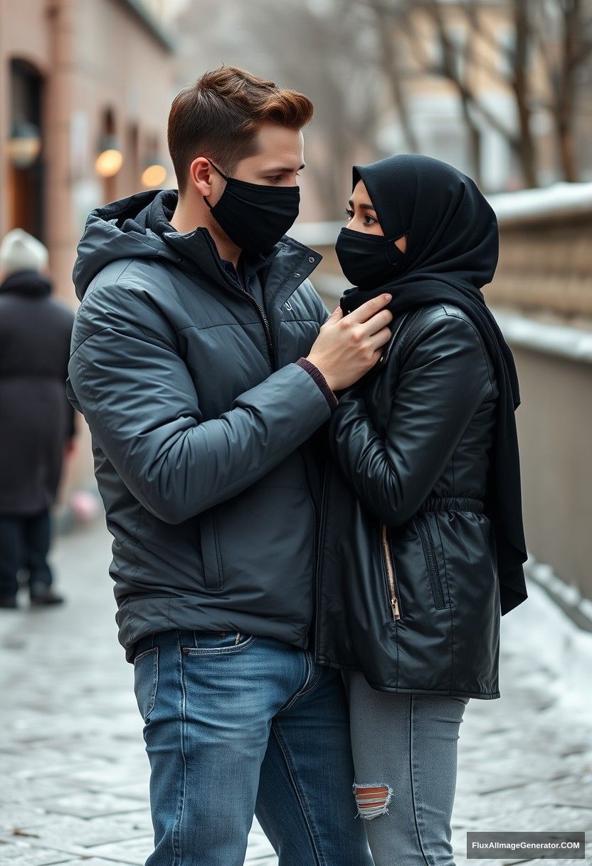 Jamie Dornan, handsome, young, wearing a black face mask, snow jacket, jeans, dating the most beautiful, romantic black hijab Muslim girl with beautiful eyes, wearing a black face mask and black leather jacket, in a winter scene, standing together near a wall in town, pinching each other's cheeks, photorealistic, street photography. - Image