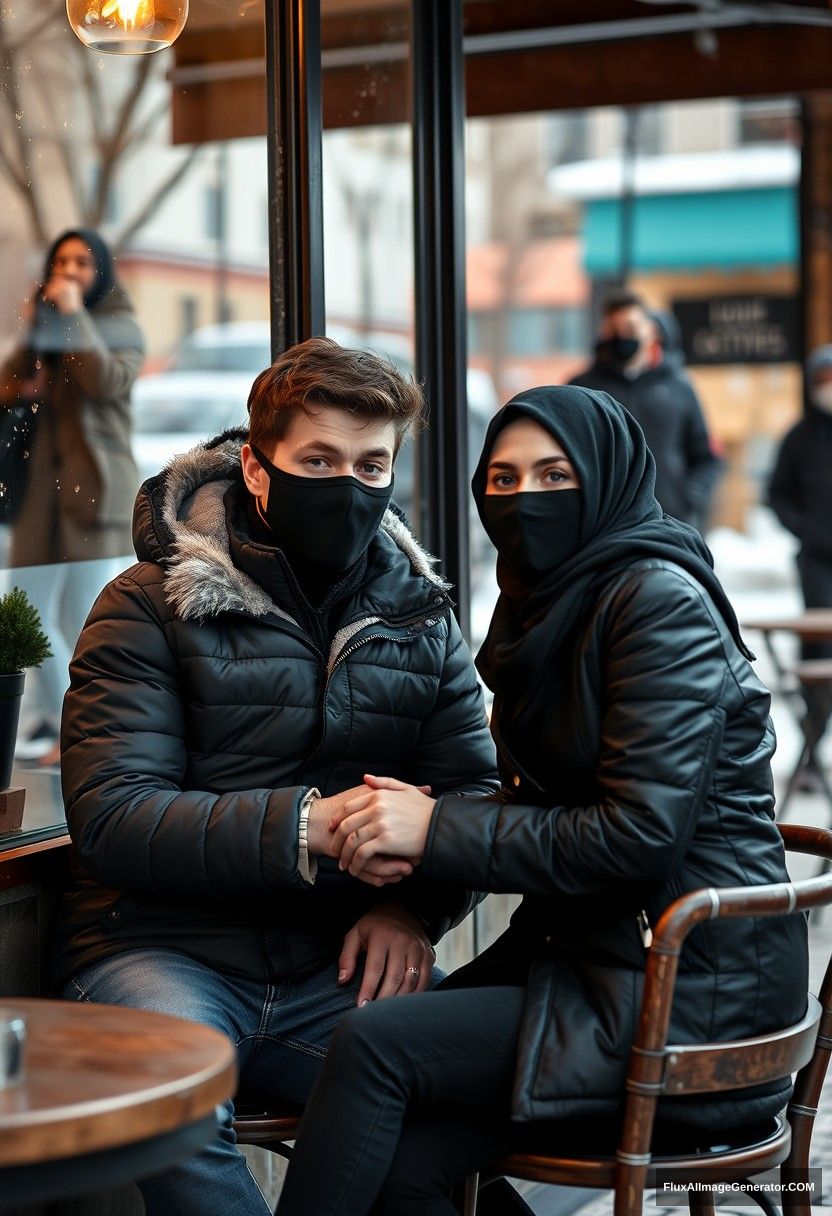 Jamie Dornan, handsome, young, wearing a black face mask, snow jacket, jeans, dating the most beautiful Muslim girl in a black hijab, with beautiful eyes, wearing a black face mask and a black leather jacket, in a winter scenery, sitting at a café near a glass window in town, photorealistic, street photography. - Image