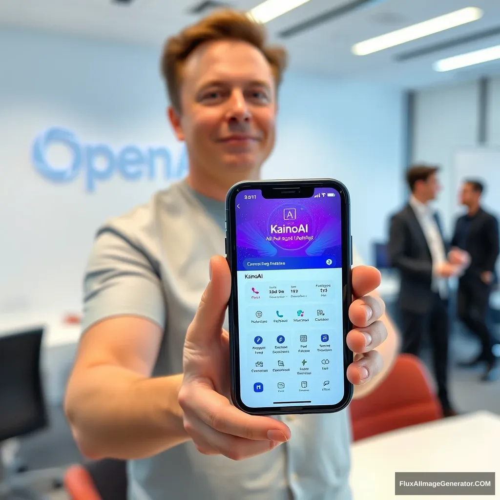 Elon Musk holds a phone and the phone screen shows the KainoAI app, the background is at the OpenAI office. - Image