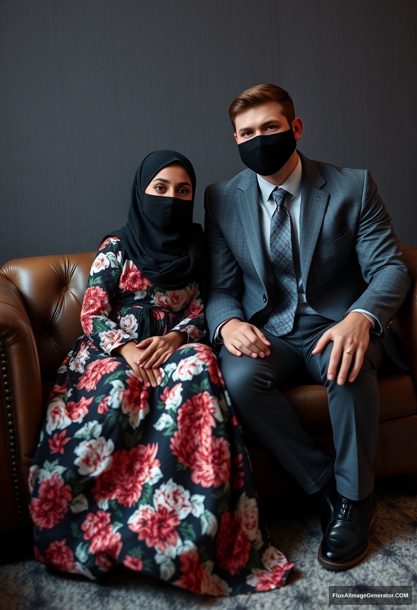 A biggest black hijab girl, slim girl, beautiful eyes, face mask black, biggest floral longest dress, sitting on leather single wing sofa,

Jamie Dornan, youngest, grey suit coat, grey pattern tie, black leather sneaker, tall man, face mask black, fit body, sitting near her,

hyper realistic, studio photography.