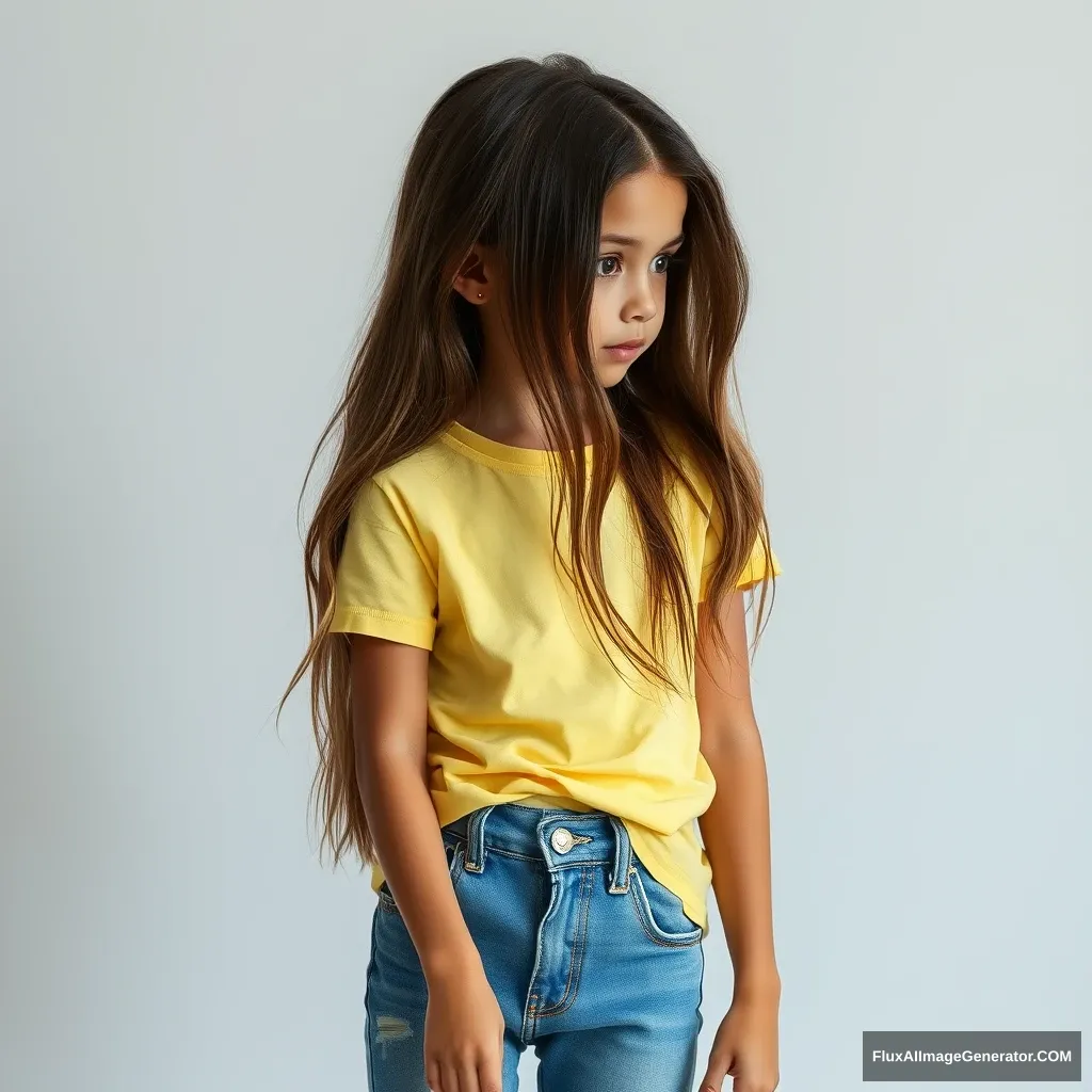 A very thin and beautiful girl with long hair, wearing jeans and a light yellow T-shirt.