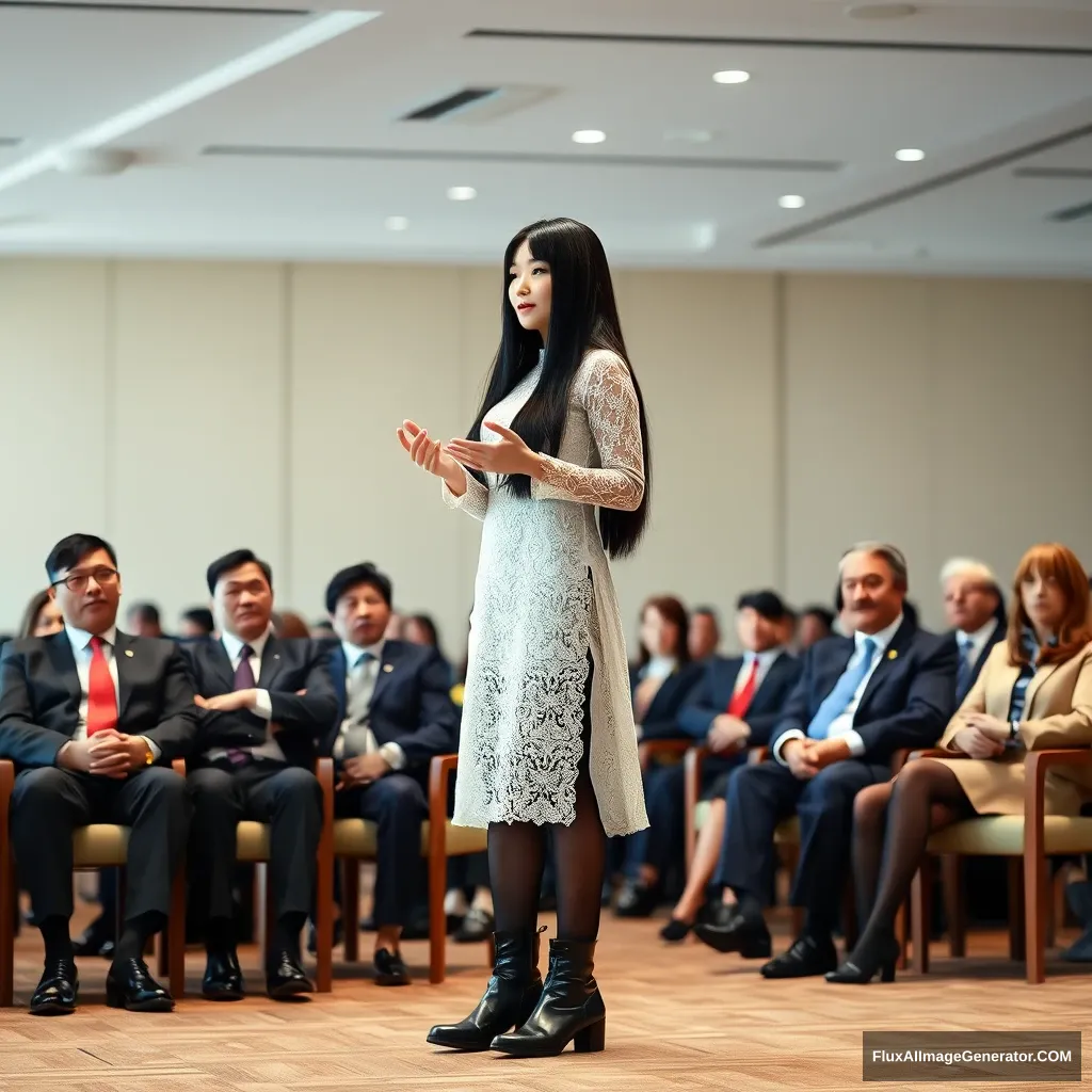 A full-body photo of a Chinese female idol with excessively long black straight hair, wearing black stockings and Martin boots on her lower body, and a white lace dress on her upper body, giving a speech in a conference room, with politicians from various countries seated in the audience.