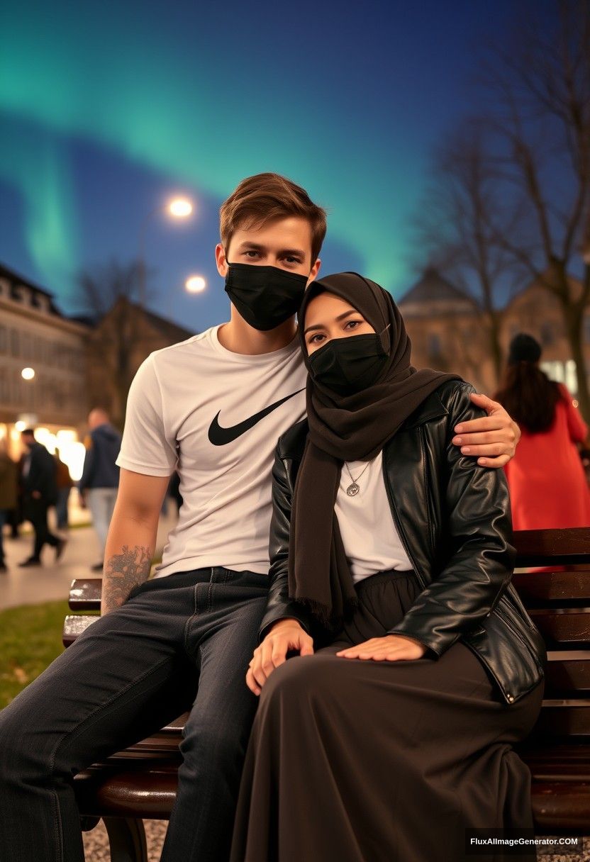 Jamie Dornan, tall and young, wearing a black face mask, a white Nike T-shirt, and jeans, is dating a romantic hijab-wearing Muslim girl with beautiful eyes. She is wearing a black face mask and a leather jacket, with the longest and biggest skirt, and she is not tall. They are sitting together on a park bench, leaning on each other's shoulders in a town setting with strangers in the background. The scene is photorealistic, resembling a selfie taken at night with the aurora borealis in the sky. - Image