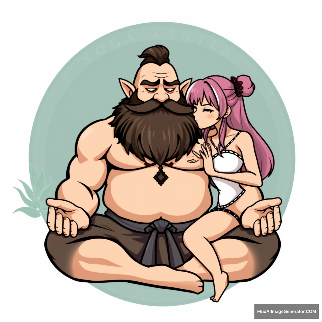 Yoga Center logo: a muscular large bald dwarf with a beard in the lotus position flirting with an anime woman.