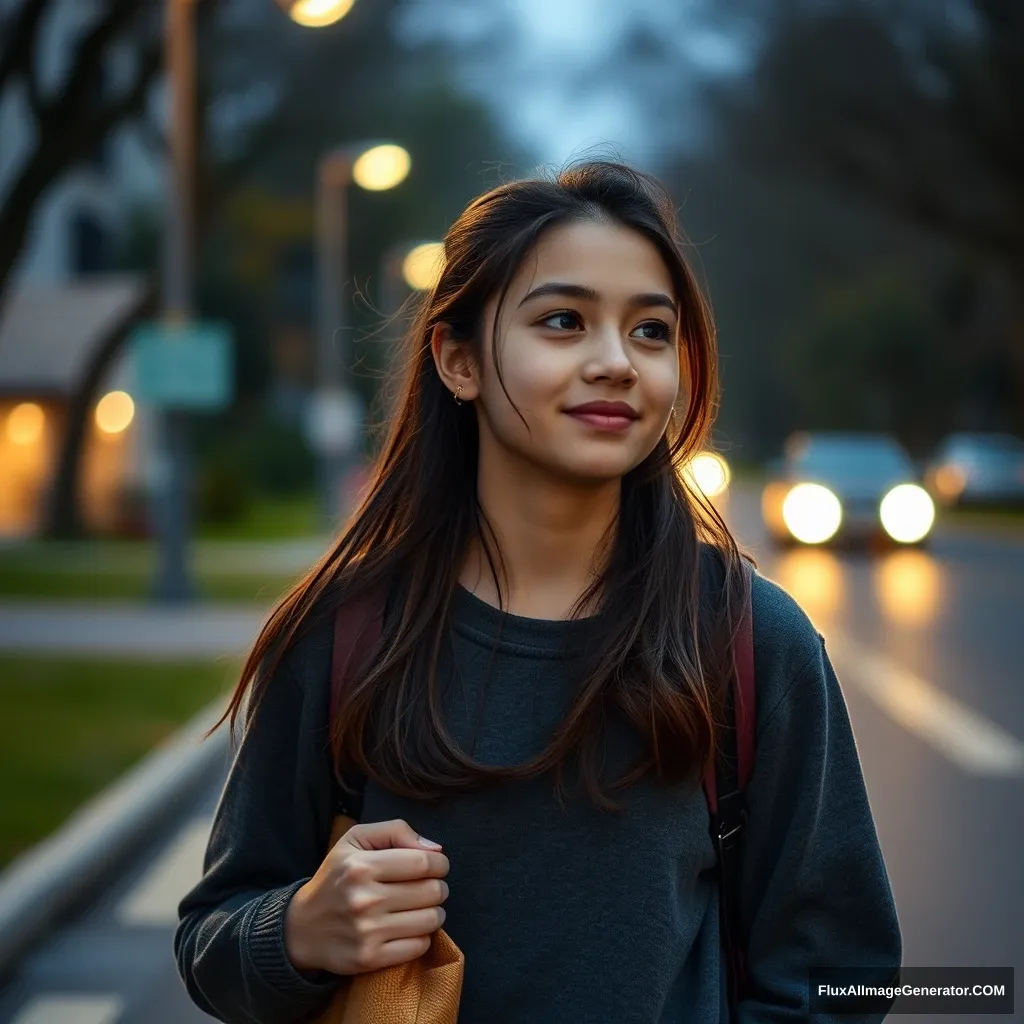 "A female high school student on her way home from school, in the evening, with lights." - Image