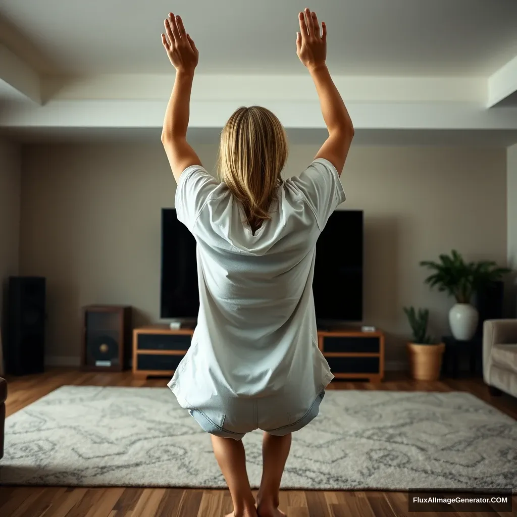 Side view angle of a skinny blonde woman in her massive living room, wearing an oversized white t-shirt that is unbalanced on one of the shoulder sleeves. She is also wearing oversized light blue denim shorts and has no shoes or socks on. Facing her TV, she dives head first into it with both arms raised below her head and her legs elevated high in the air, positioned at a 60-degree angle.