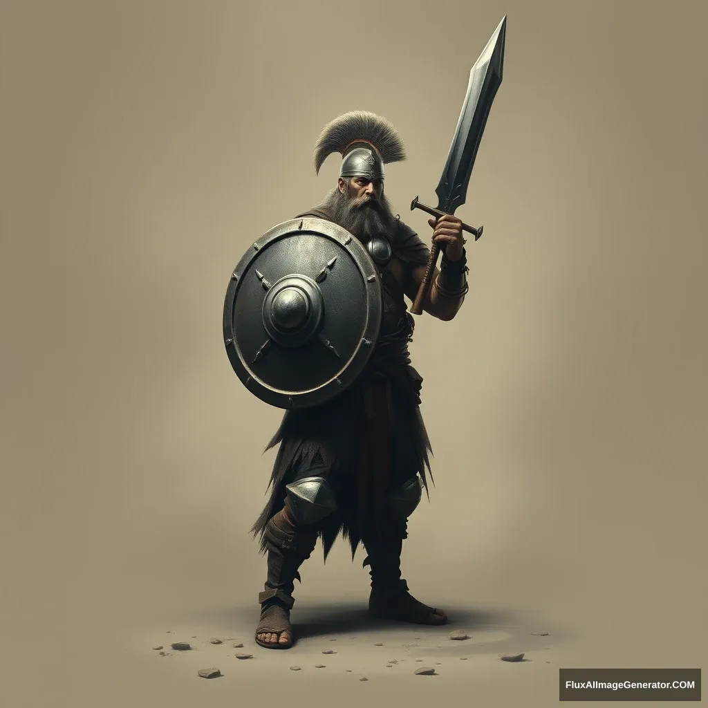 barbaric man standing with large shield and huge sword - Image