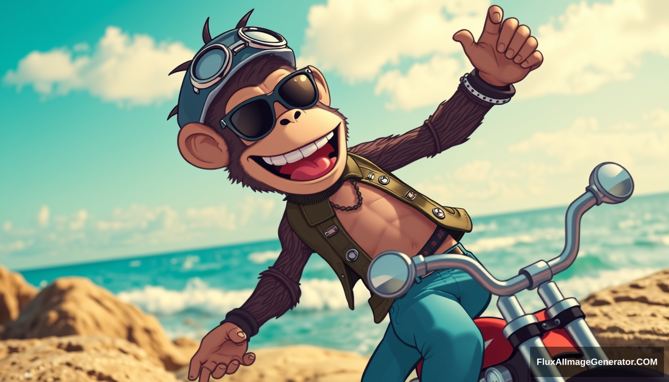 cartoon monkey dressed like a biker dancing by the ocean. vibing - Image